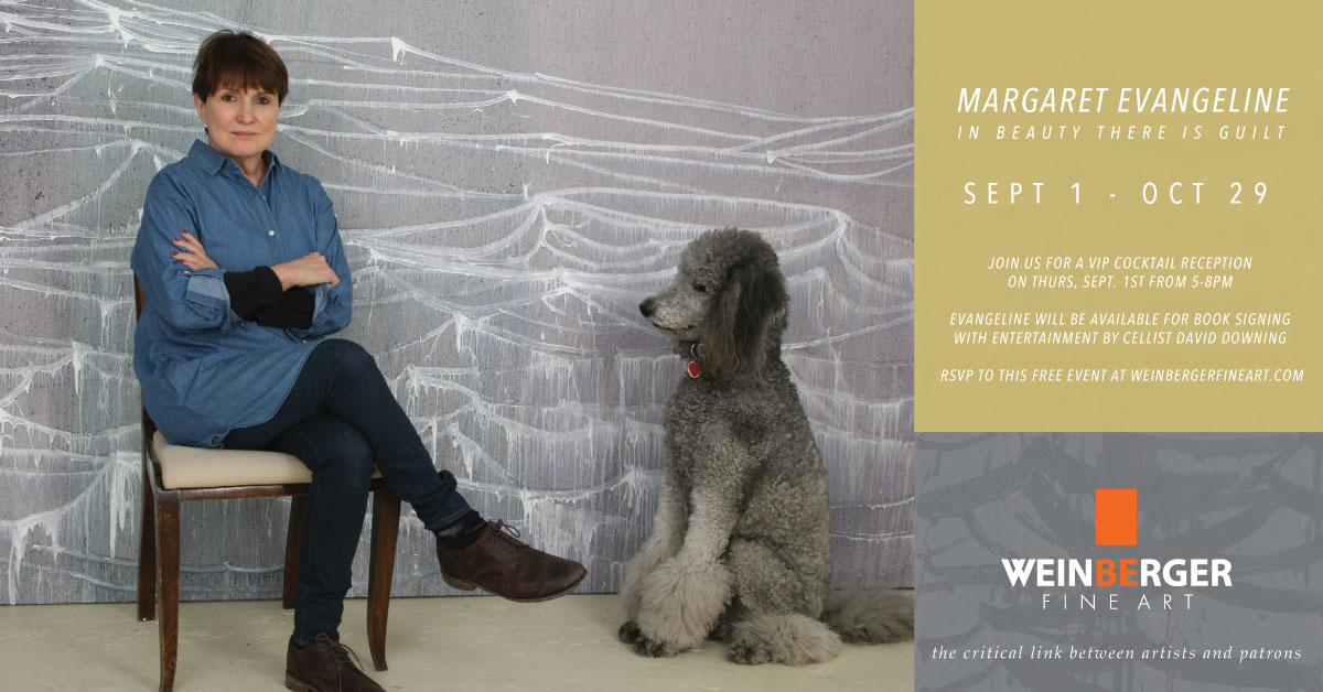 Margaret Evangeline in her studio with her dog, Voltaire