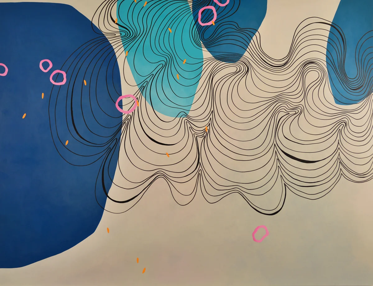 Adapt, acrylic paint, graphite, pigment marker, acrylic resin on panel, 46x60 inches