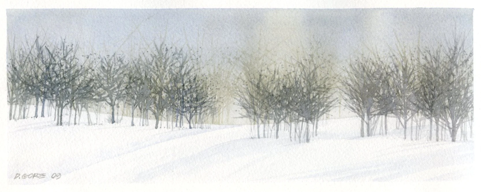 Winter Scene , watercolor on paper, 5 x 11.5 inches
