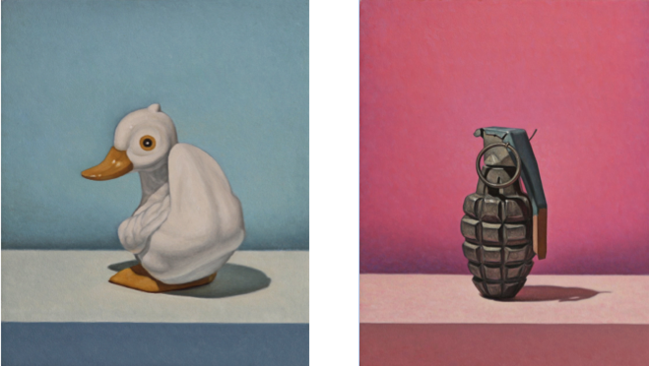 Left: Little Duck, oil on panel, 12.5 x 10 in. Right: Pink Grenade, oil on panel, 22.5 x 17. 5 in.