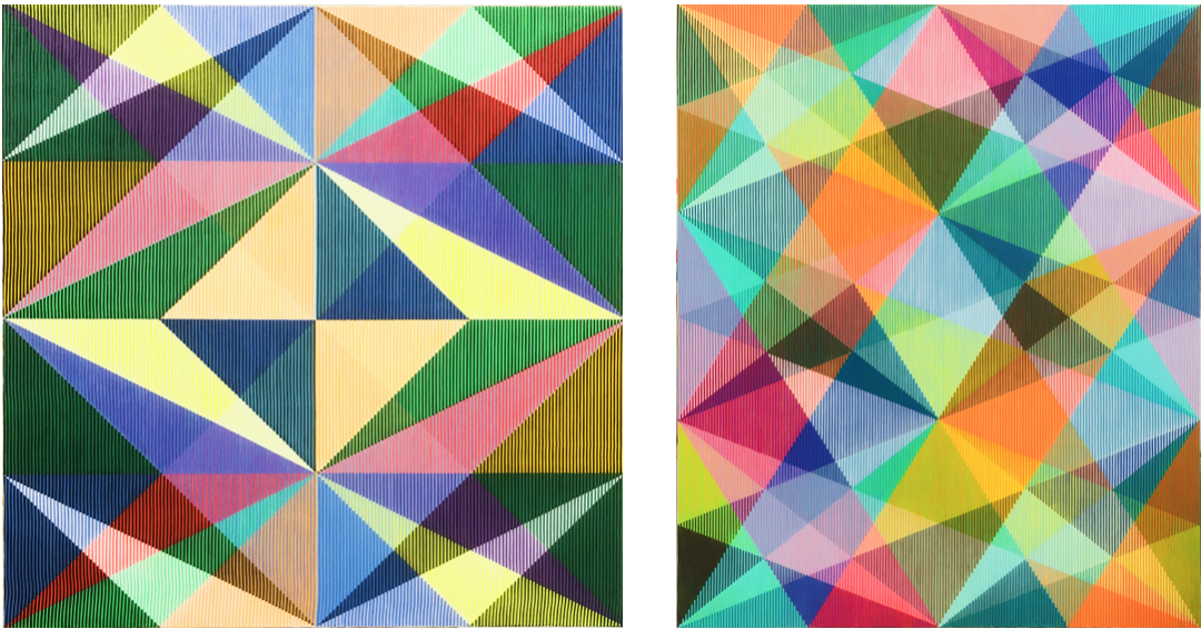 Left; Alexa, Be Quiet, acrylic on canvas, 39.4 x 39.4 inches Right The Lust and the Burden of the Painter , acrylic on canvas, 47.2 x 39.4 inches