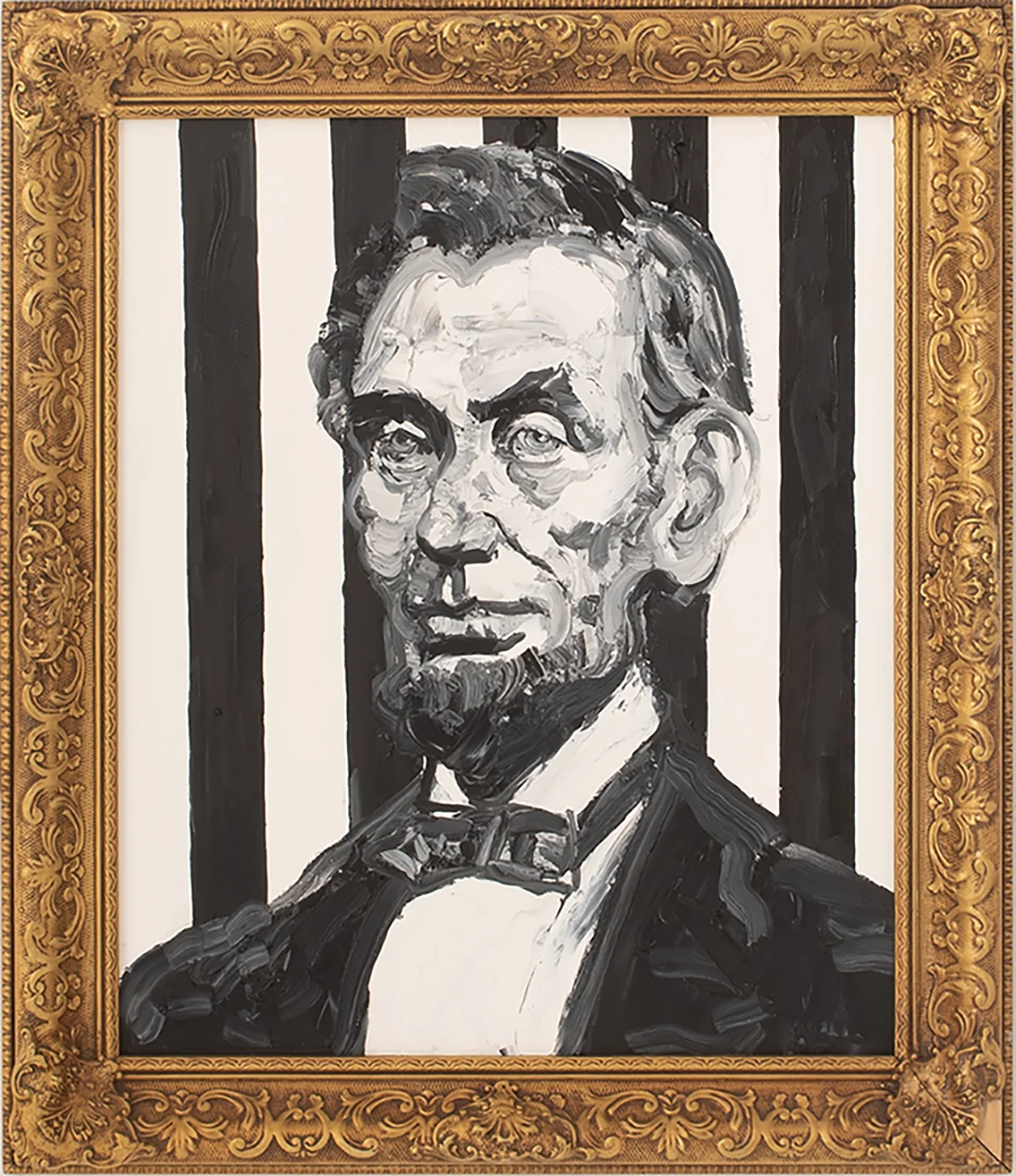 Abe on stripes, oil on wood, 20 x 24 inches