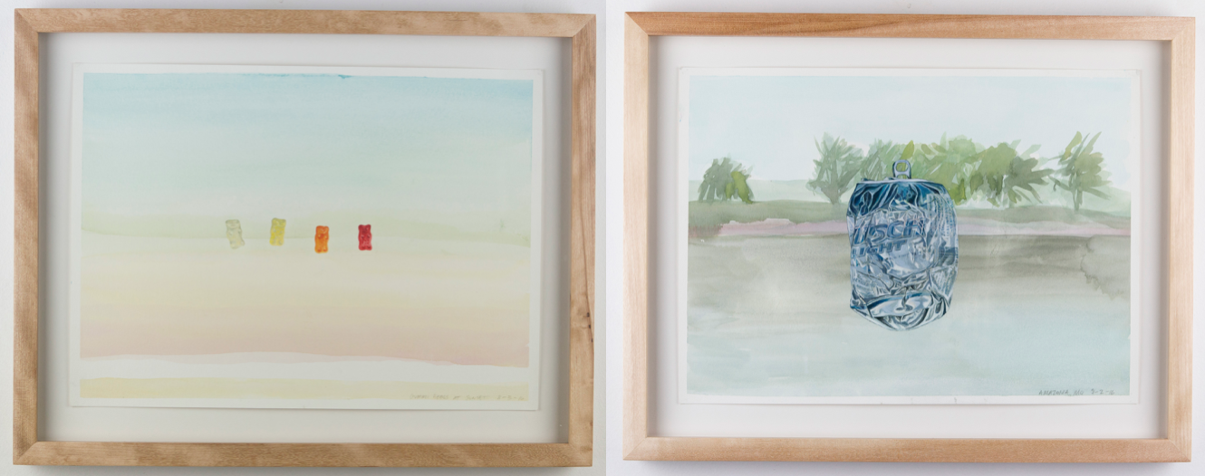(left) Snacks on the River: Gummi Bears at Sunset (right)Snacks on the River: Amazonia — both watercolor and acrylic on paper, 11x15