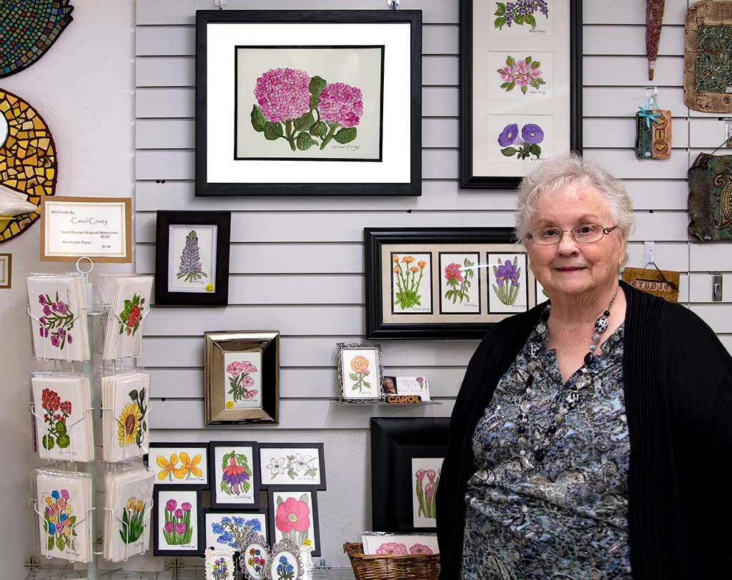 Carol Covey's watercolors are available at the Artisans' Co-op.