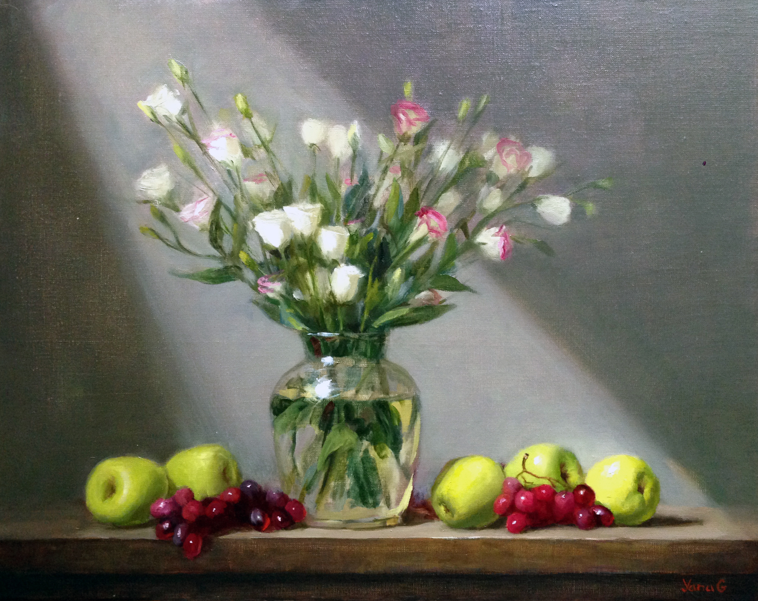 Still life with flowers, apples and grapes 16x20 oil on linen 