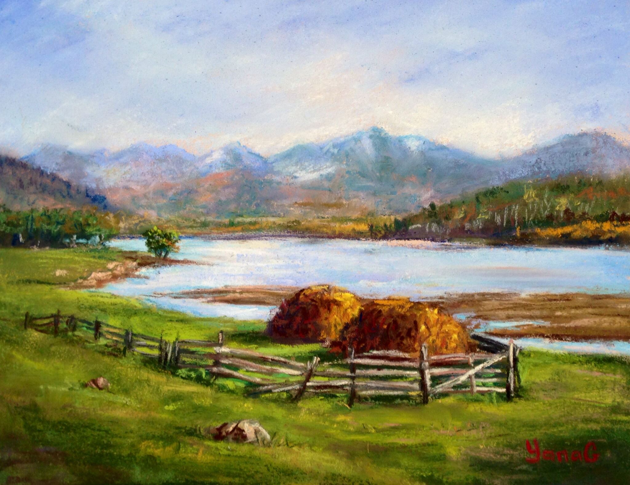 Haystacks by the river 8x10 Pastel