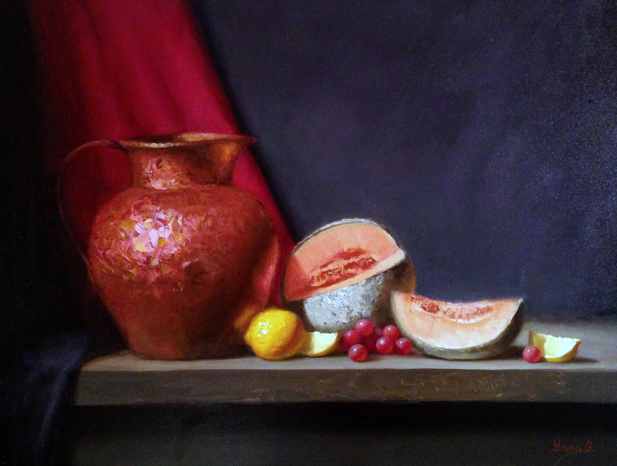Copper pitcher and cantaloupe 14x18 Oil on board