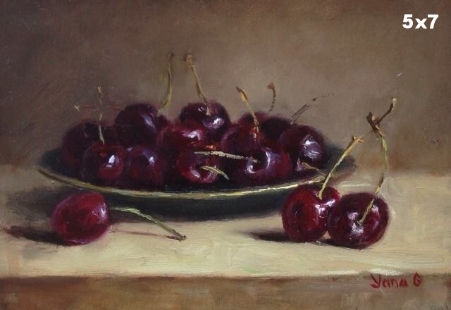 Cherries on the plate 5x7 Oil on board 
