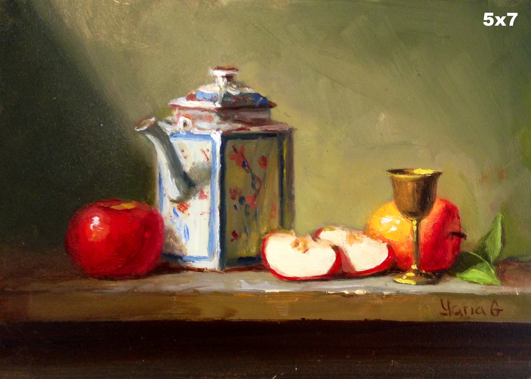 Tea pot and apples 5x7 Oil on board