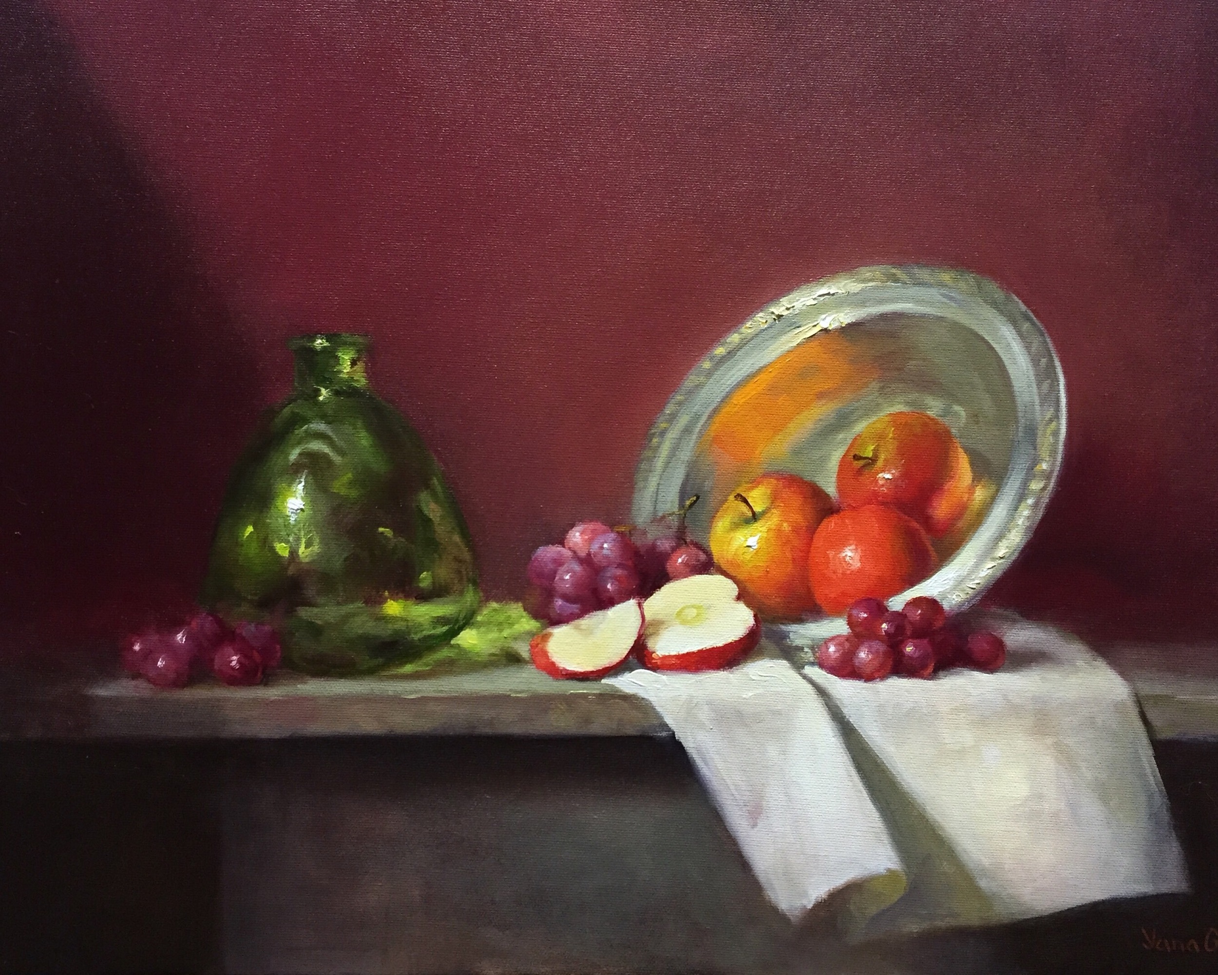 Apples and green bottle 16x20 Oil on canvas 