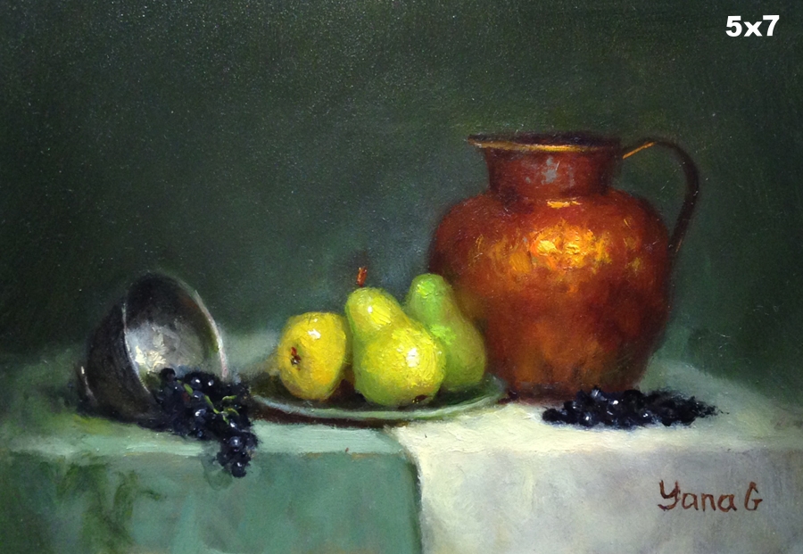 Copper pitcher and pears 5x7 Oil on board