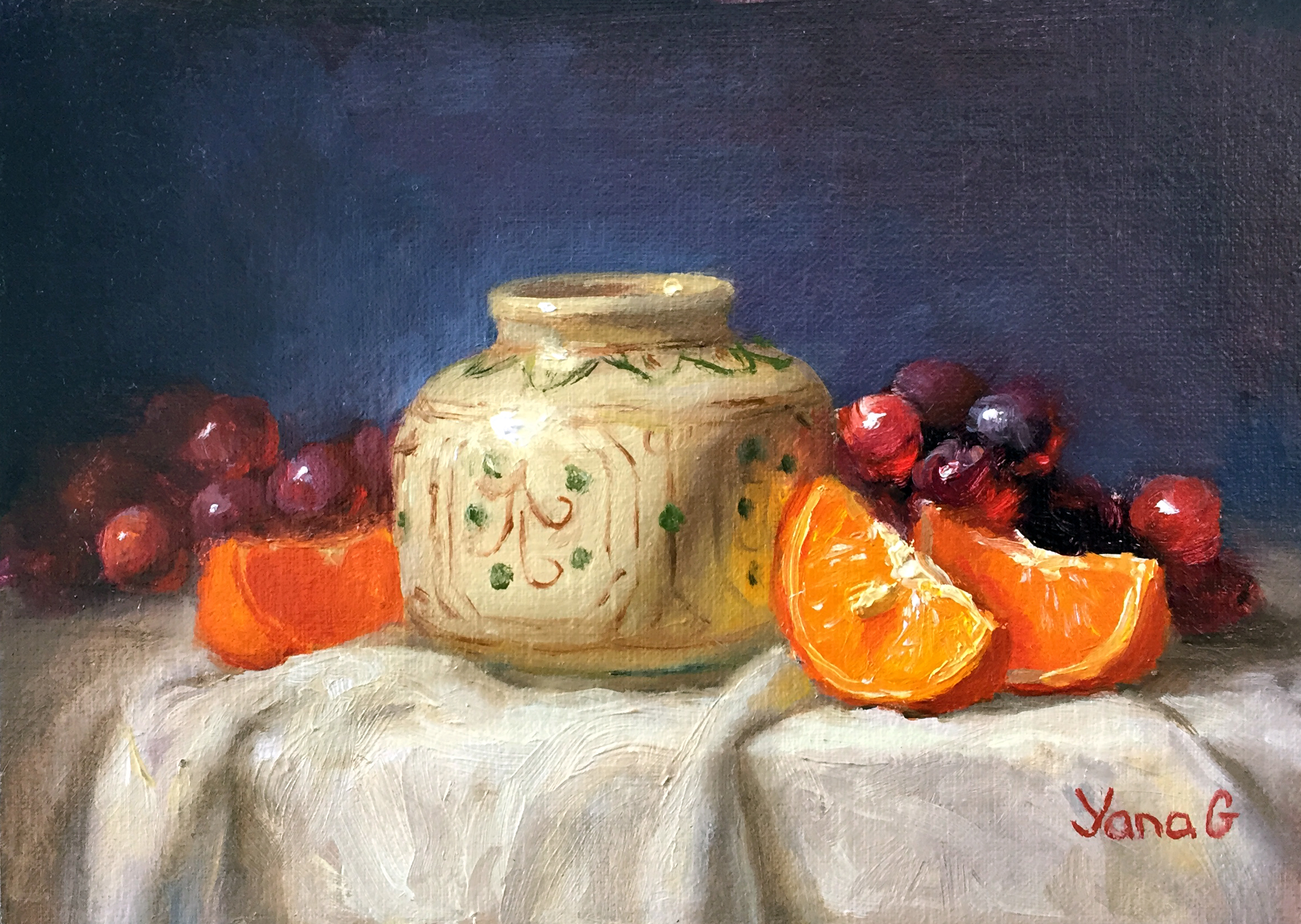 Still life with Orange Slices and vase 5X7 Oil on linen