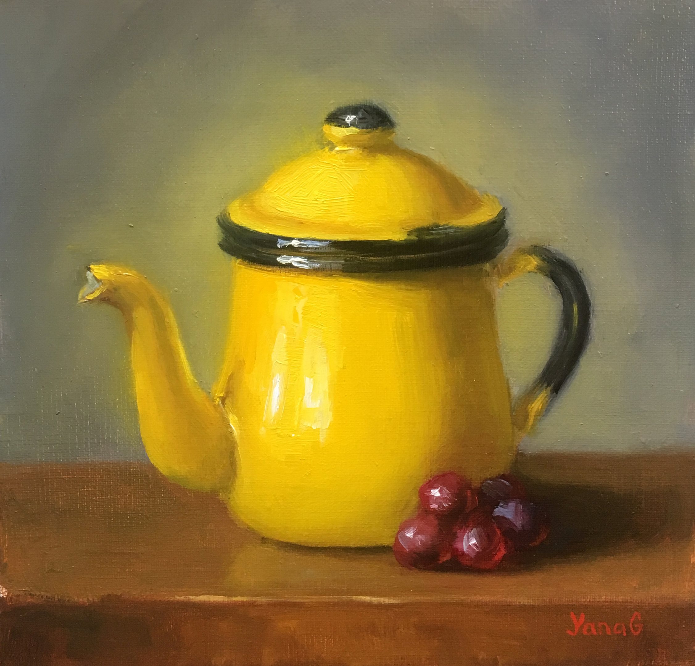 Teapot and grapes 8x8 Oil linen