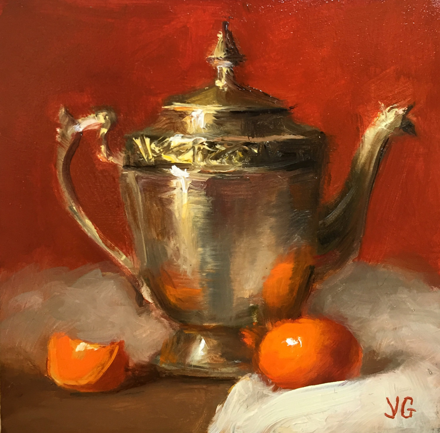Metal Pitcher and Mandarins 5x5 Oil on board