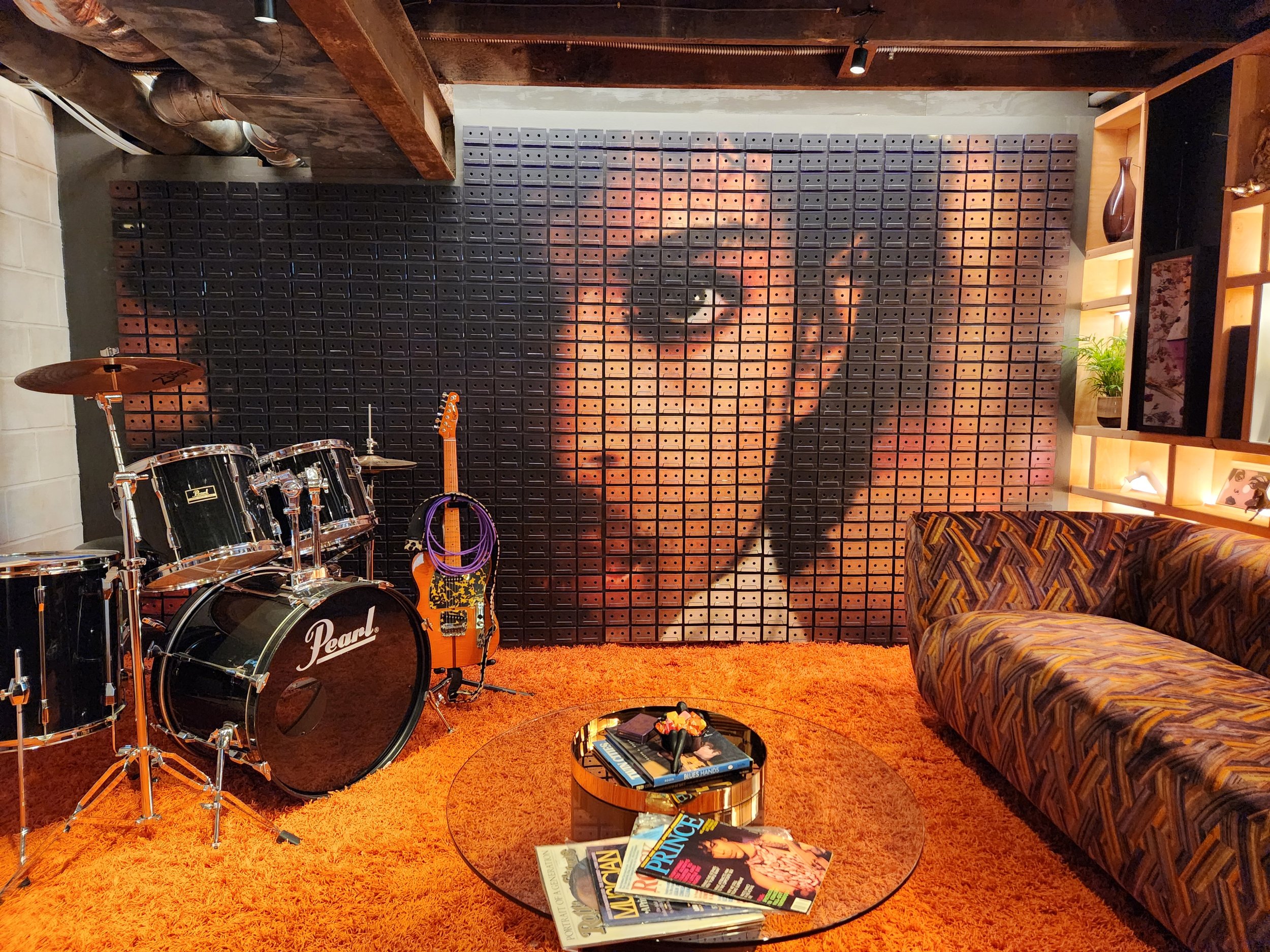 Wall mural of Prince created with 2000 cassette tapes
