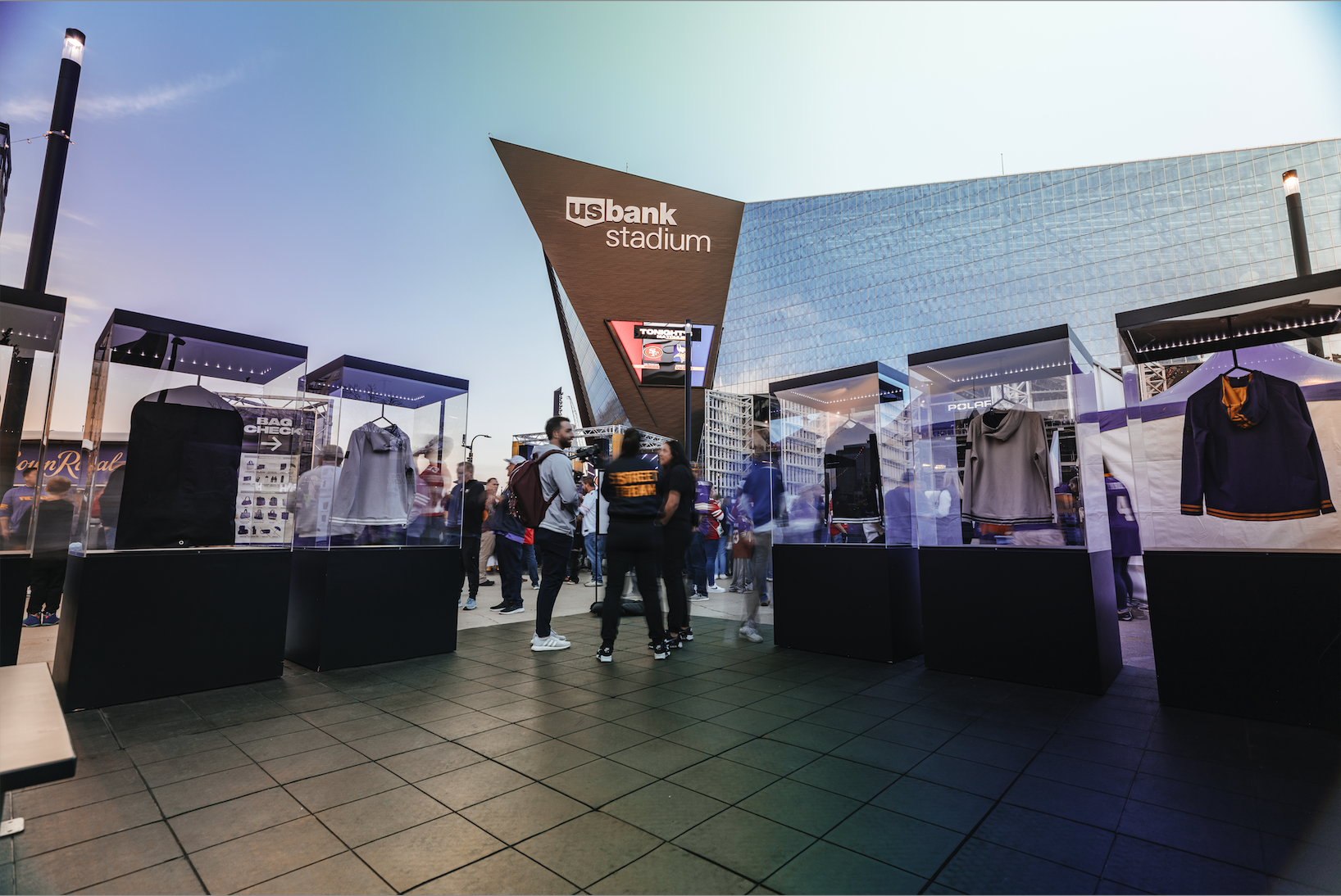 Custom fabricated display cases and event booth for the UNRL The Drop Zone event at US Bank Stadium
