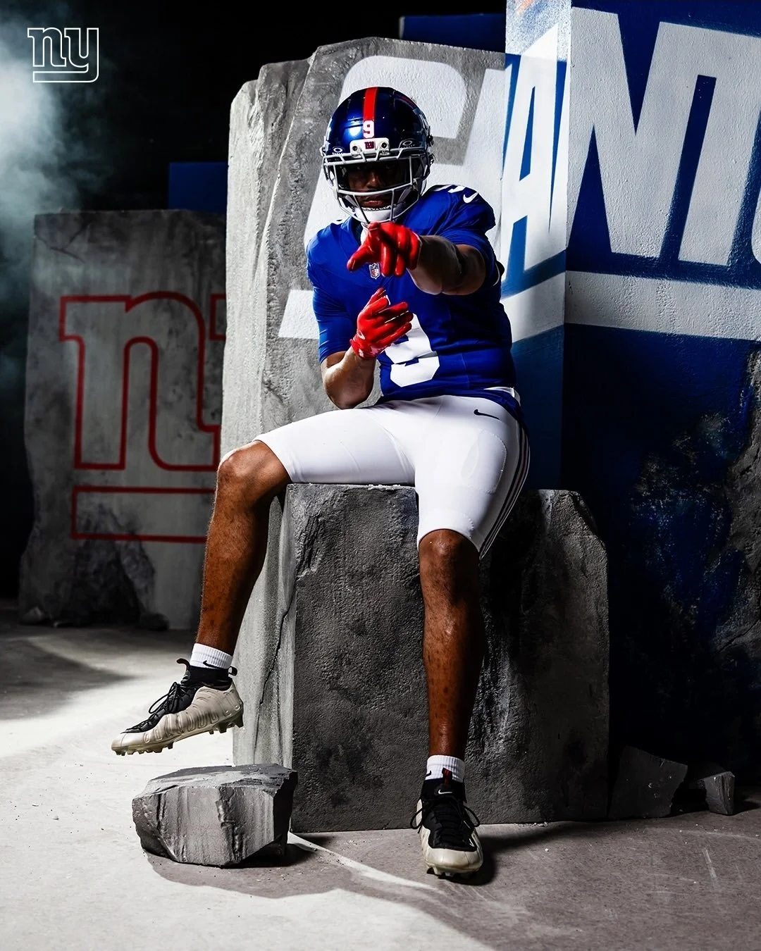 NY Giants themed concrete set for media day and video shoots