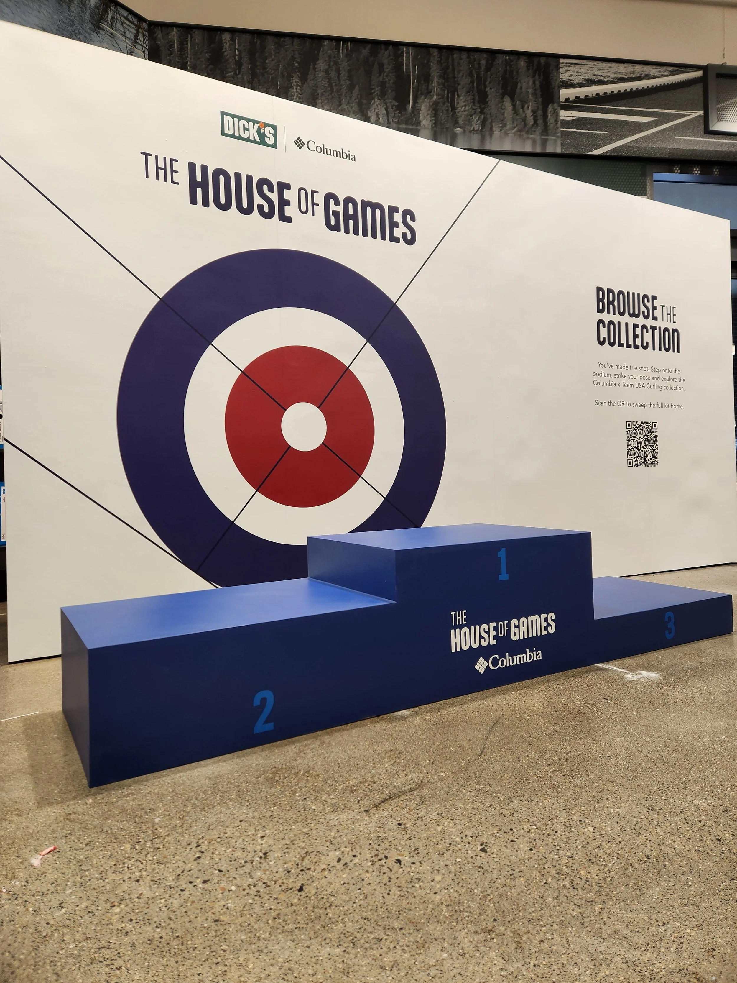 Custom fabricated winner's podium and backdrop wall for The House Of Games by Dick's Sporting Goods and Columbia