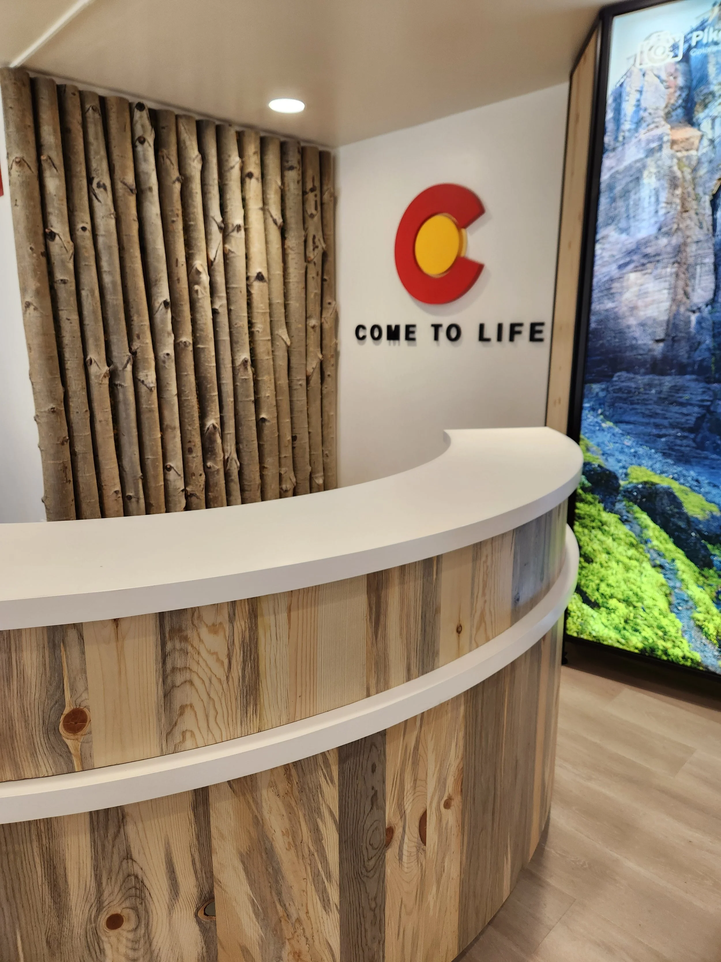 Custom desk and accent walls at Fruita Welcome Center