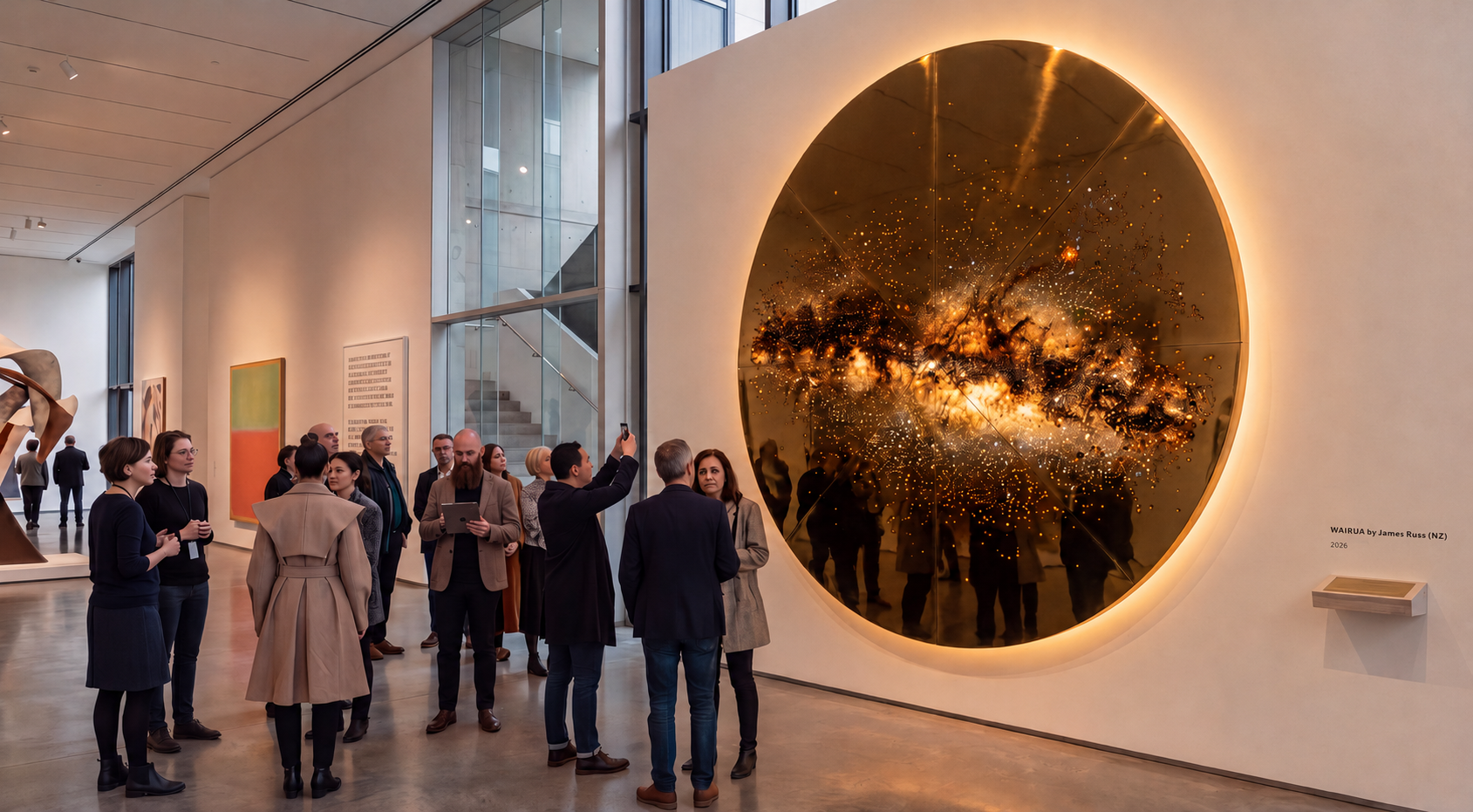 Brass-colored circular sculpture with abstract cutouts on a wood-paneled wall in a modern interior space.