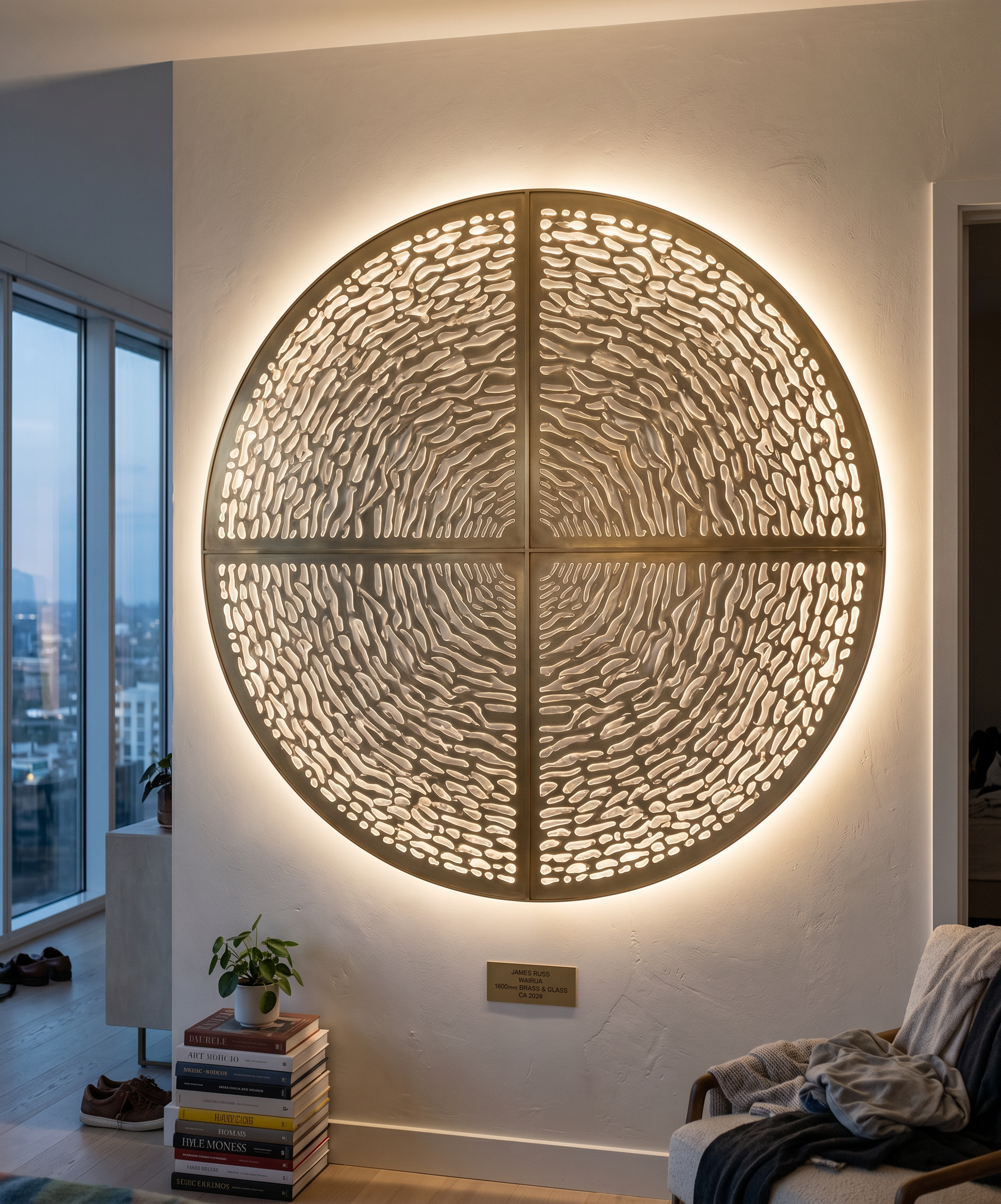 James Russ Wairua sculpture. Wall art piece titled 'Vaira' by James Russ, made of brass and glass, 1800mm in diameter, illuminated from behind, displayed in a modern interior space.