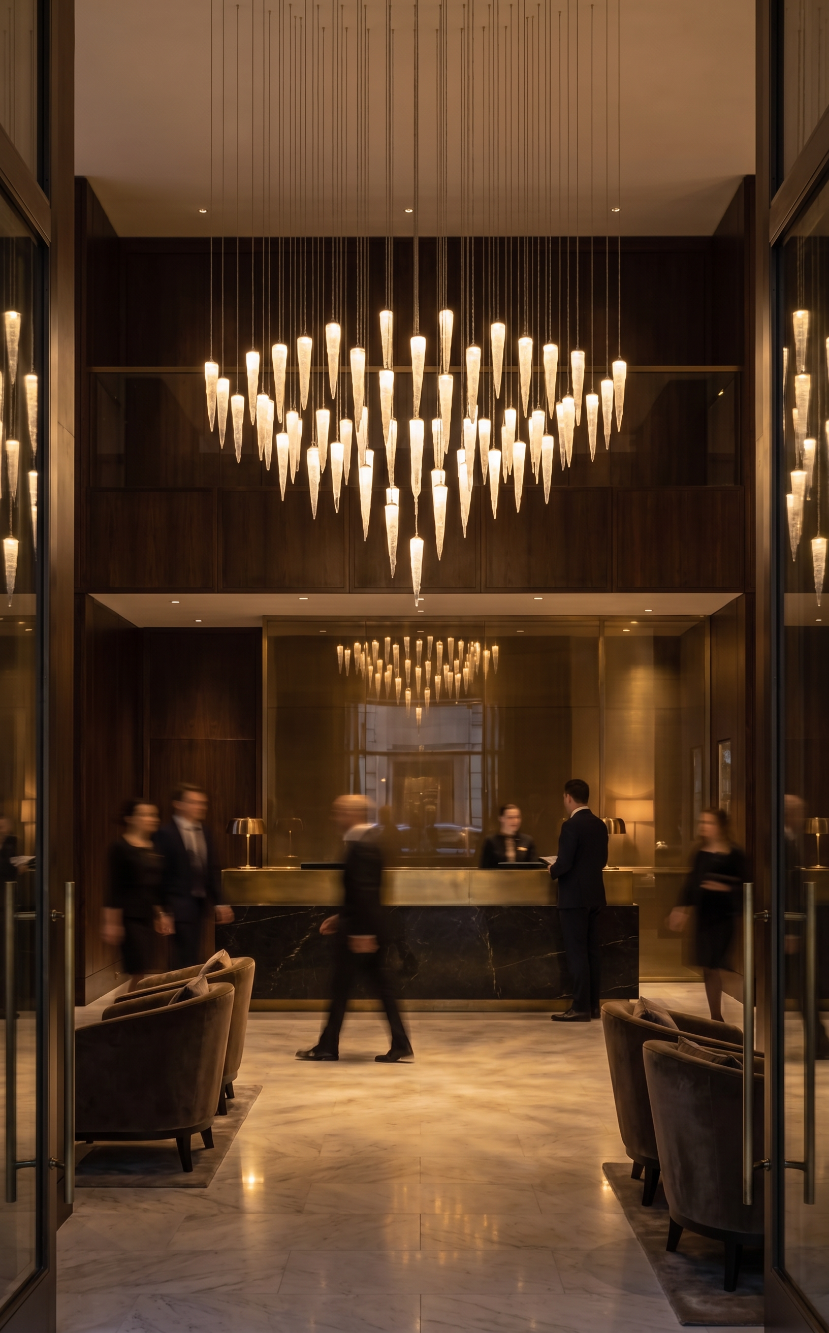 James Russ Hong Kong hotel lobby with a large modern chandelier hanging from the ceiling, a reception desk, and people in formal attire walking and talking.