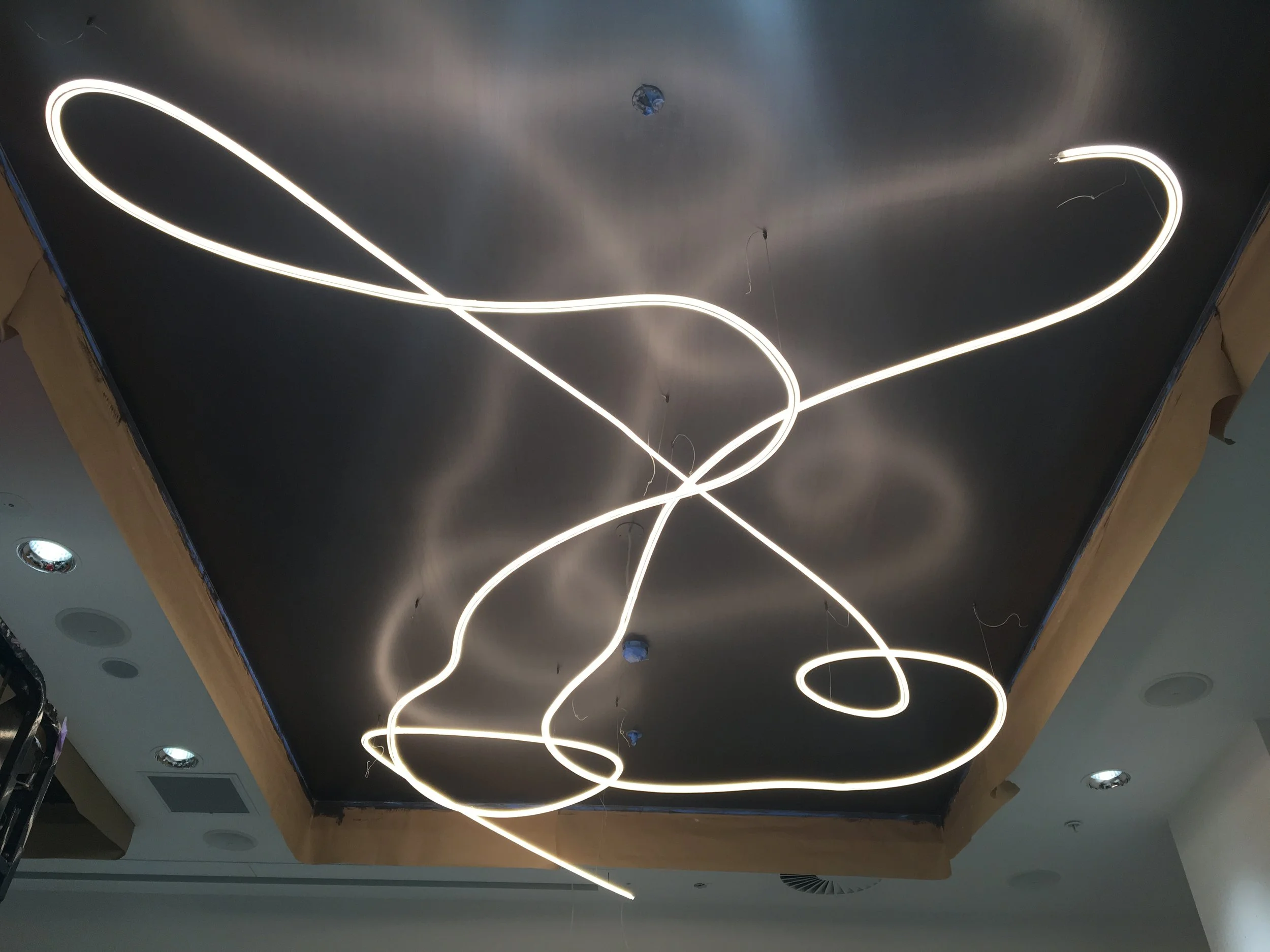 James Russ Sensory Sculpture. A modern ceiling with abstract LED light fixtures forming looping shapes, with small recessed lights around the edges.