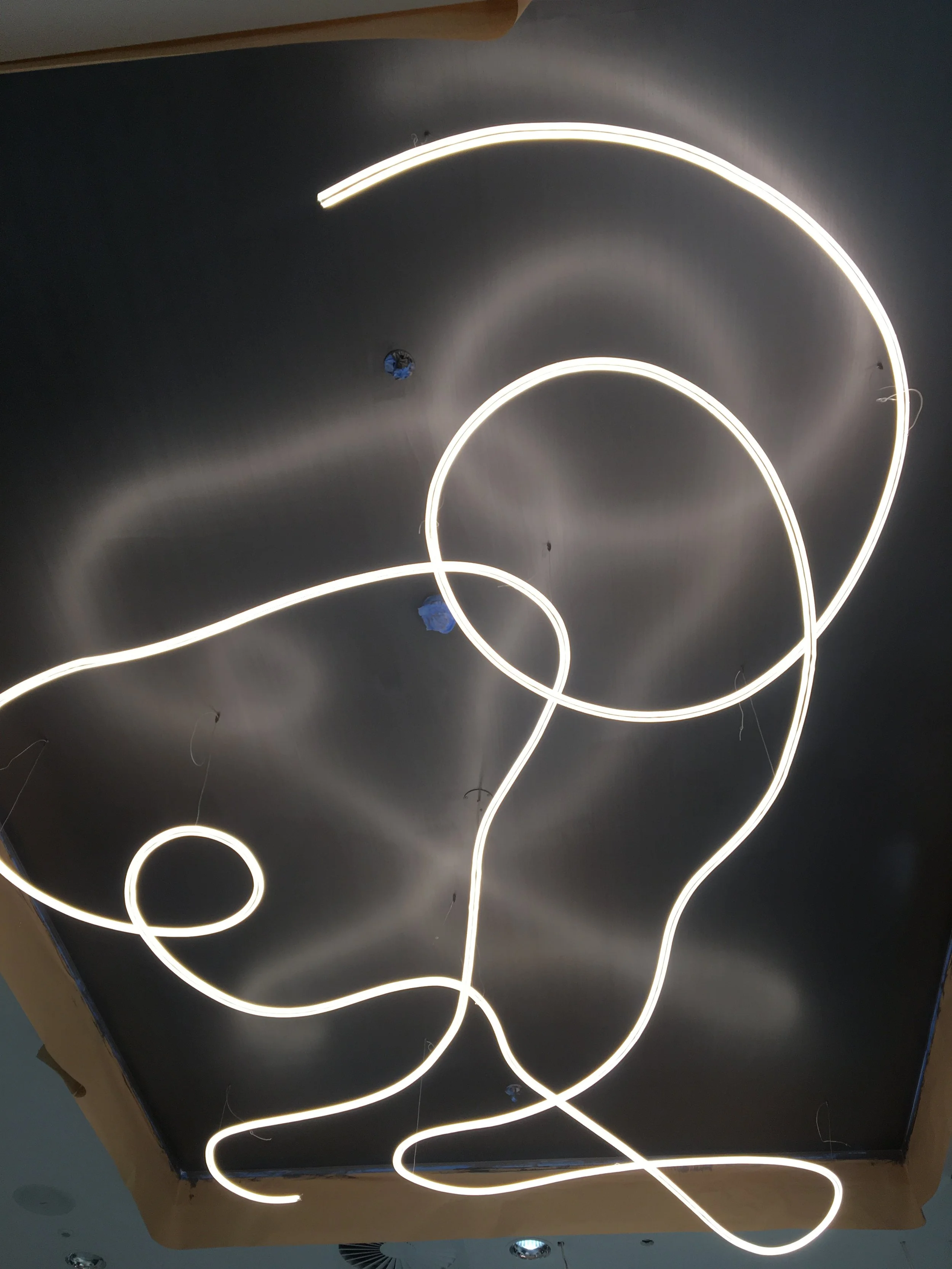 James Russ Sensory Sculpture. Modern ceiling light fixture with glowing white, curved neon-like lines on a dark ceiling.