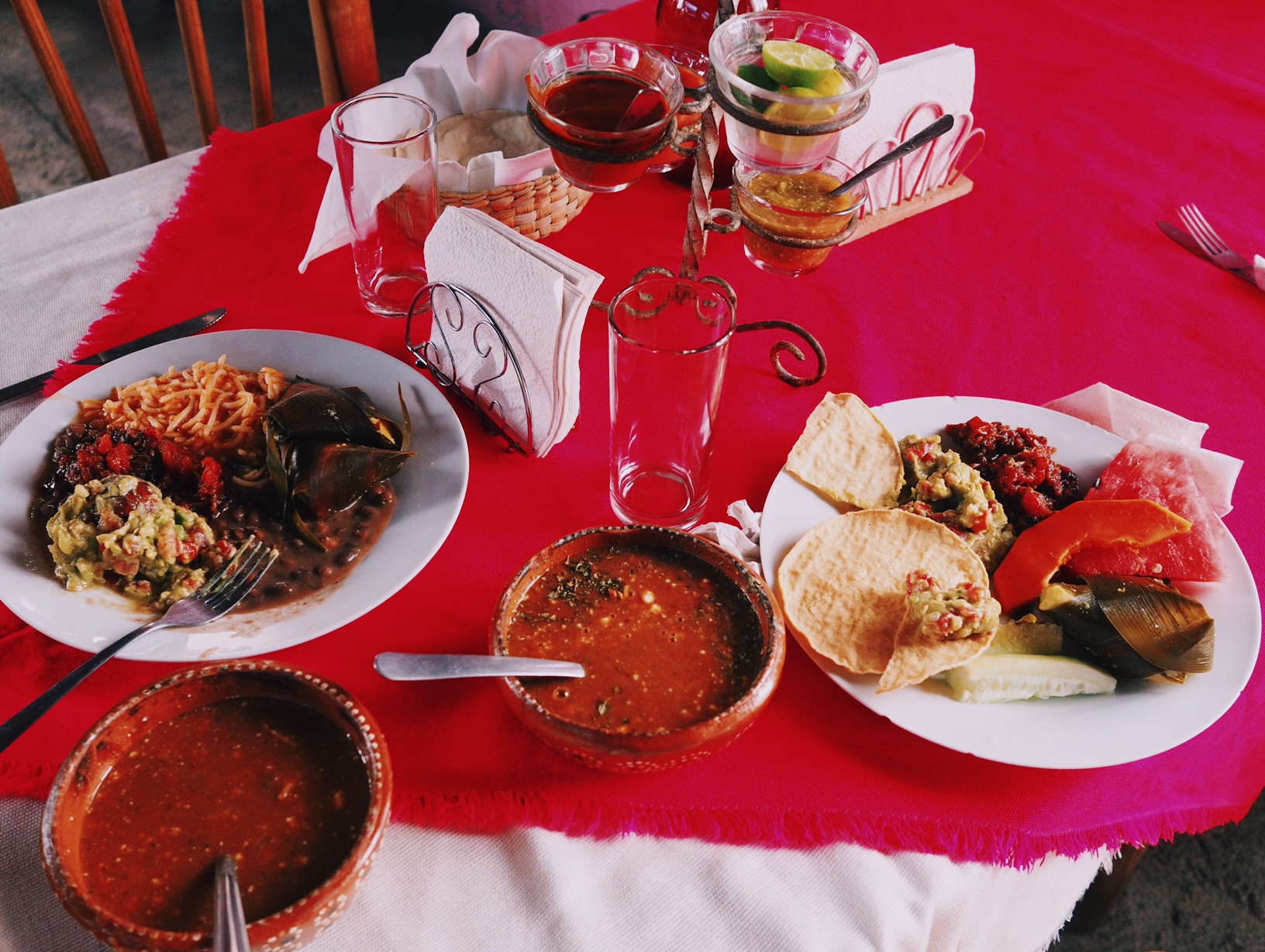 Comida tipica of Michoacán – tamales, tostadas, beans & rice, guacamole and fresh fruit with tarascan soup on the side