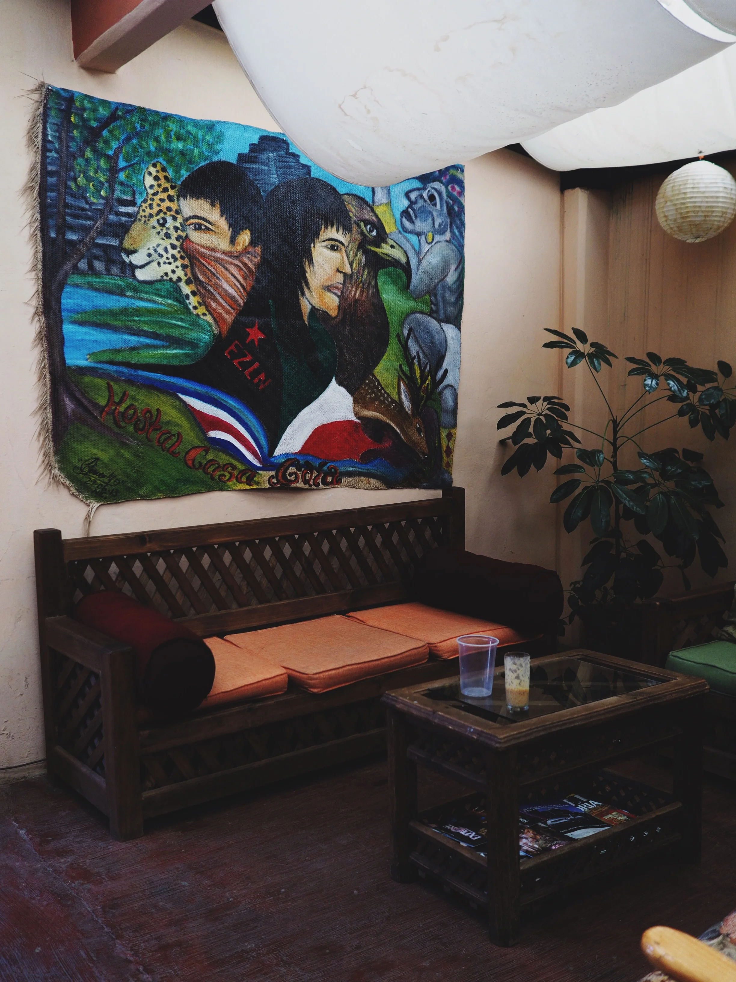 Casa Gaia's living room, complete with Zapatista painting
