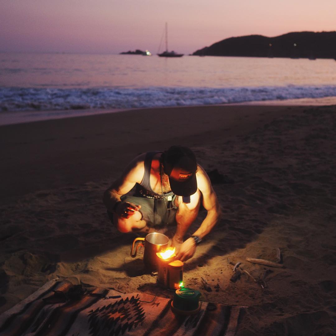 Mehedi fires up the CampStove on the beach in Mexico