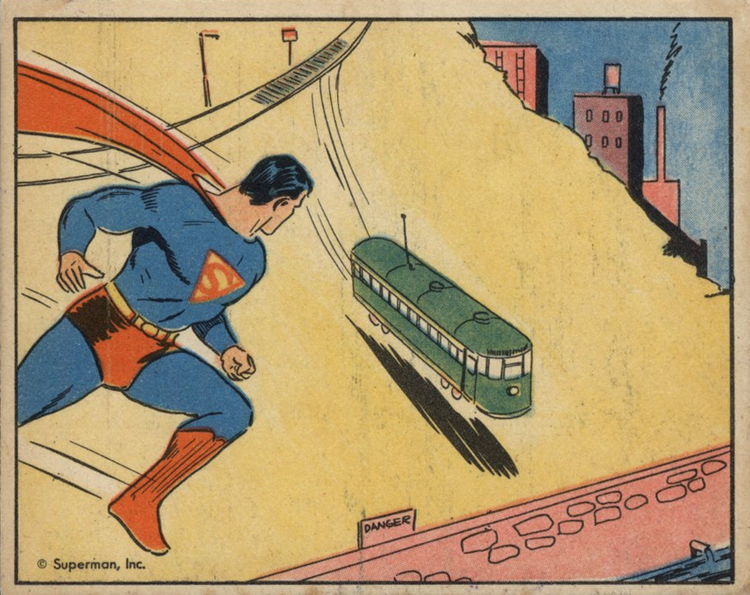 Superman spies a trolley in danger, from a 1941 trading card set.