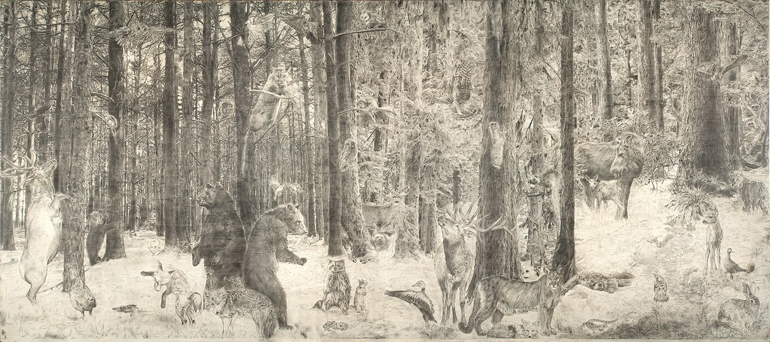 The Woods , 2009 graphite on prepared wooden panel 24 x 54"
0
0
1
61
354
Phoenix College
2
1
414
14.0
Normal
0
false
false
false
EN-US
JA
X-NONE
/* Style Definitions */
table.MsoNormalTable
{mso-style-name:"Table Normal";
mso-tstyle-rowband-size:0;
mso-tstyle-colband-size:0;
mso-style-noshow:yes;
mso-style-priority:99;
mso-style-parent:"";
mso-padding-alt:0in 5.4pt 0in 5.4pt;
mso-para-margin:0in;
mso-para-margin-bottom:.0001pt;
mso-pagination:widow-orphan;
font-size:12.0pt;
font-family:Cambria;
mso-ascii-font-family:Cambria;
mso-ascii-theme-font:minor-latin;
mso-hansi-font-family:Cambria;
mso-hansi-theme-font:minor-latin;}
The Woods represents the suicide of someone I met once. The imagined scene is populated with 50 animals to illustrate the imprinting death creates in the location of the act. Narrative: Within a few days she bought a gun, made some positive phone calls, and left her dog with a friend. She parked at the trailhead, walked three miles, and then another 1/8 mile off the trail. Her body was not found for weeks. 