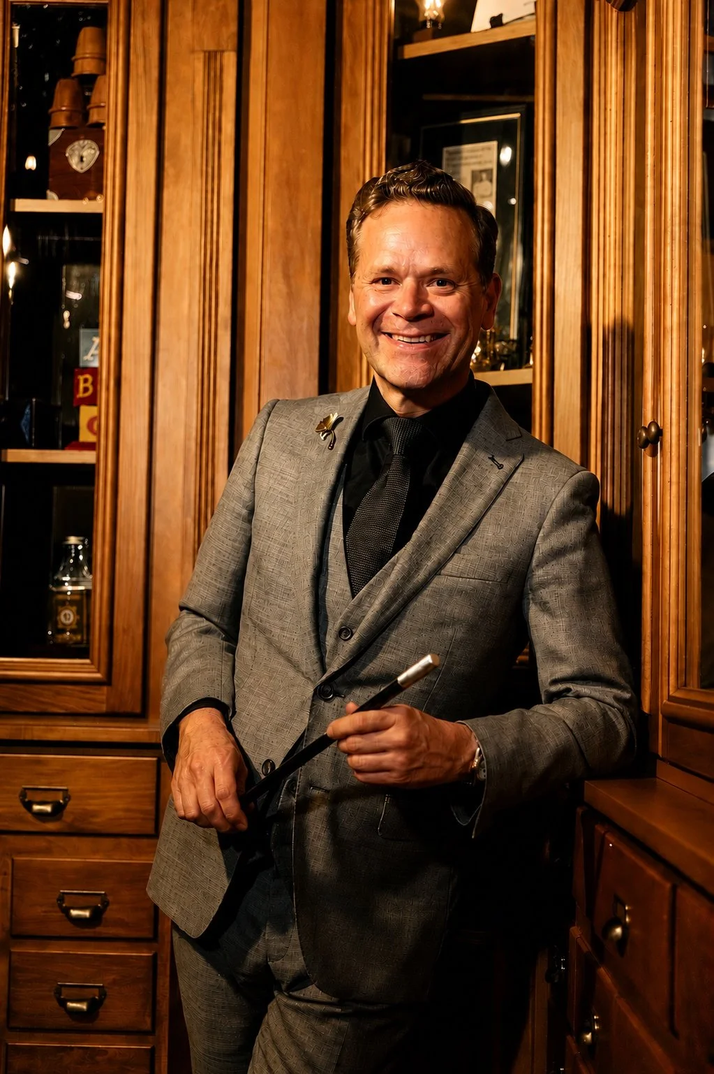 Chicago magician and mentalist Dennis Watkins holding a magic wand