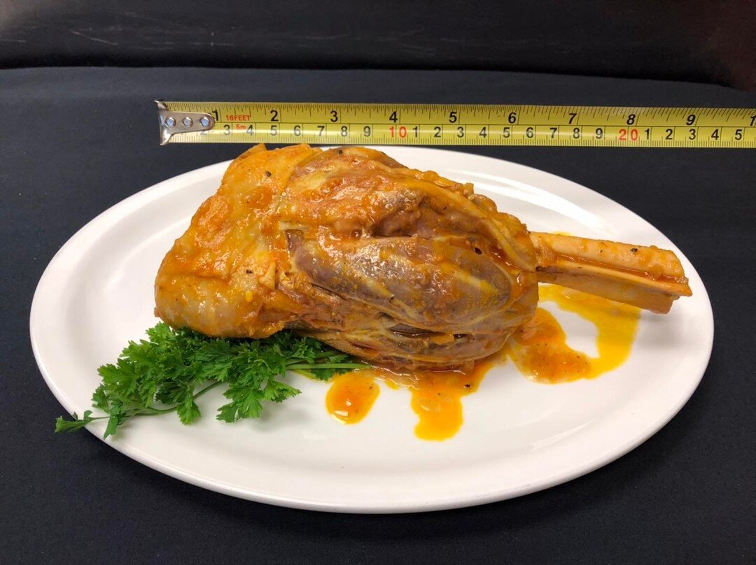 Imagine the size of our LAMB SHANK!
Order any of the below pictured dishes and get a Delicious small lentil soup for free 
Lamb shank with rice and salad $26.99  and Chicken meatballs with saffron rice and salad or with Qhabuli rice $18.99 each, Avai