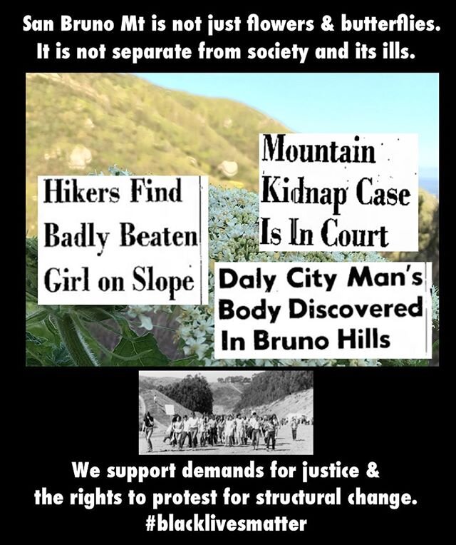San Bruno Mountain is not just butterflies and wildflowers. Over time it has been the site of much brutality, including murders, gun violence, sexual assault and violence against women, dispossession of indigenous people, and more. We unfortunately h