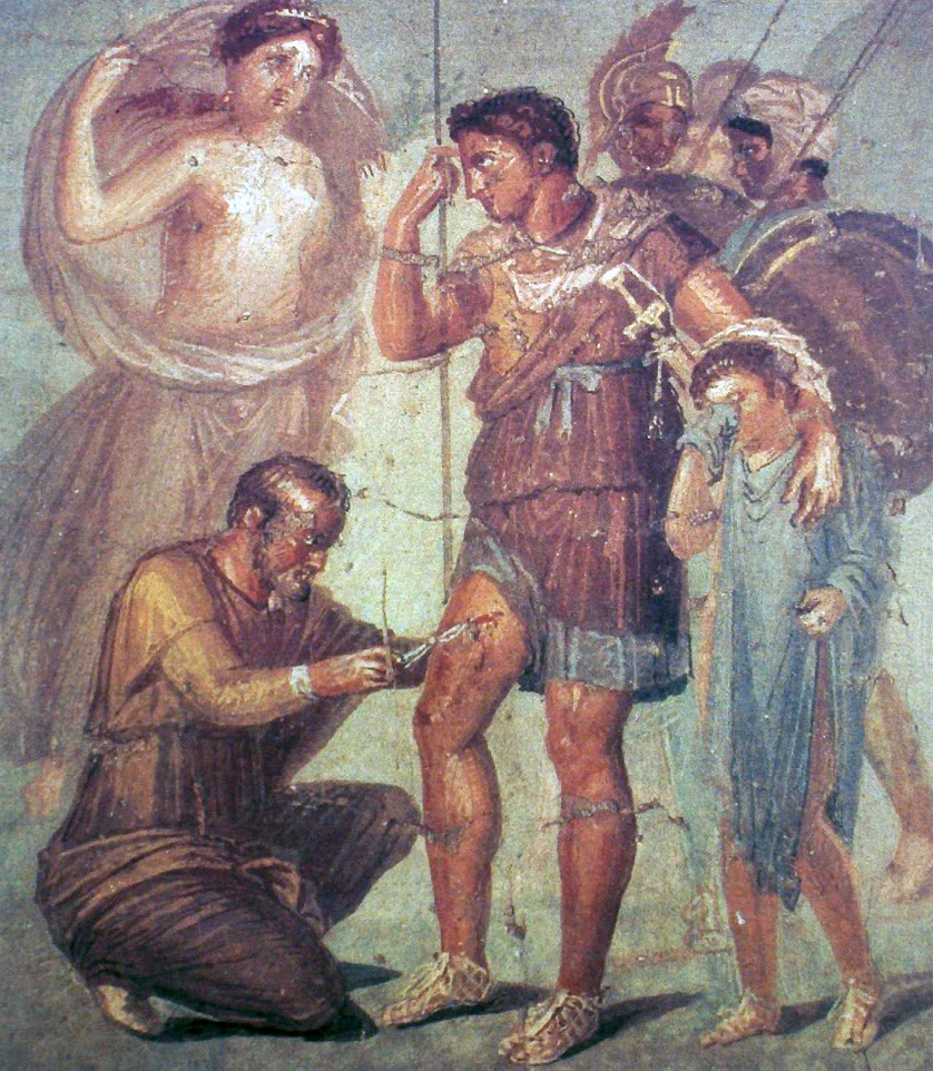 Fresco showing Aeneas being healed by Iapyx, probably 1st century. Found in Pompeii, now in Museo Archeologico Nazionale di Napoli. Image by " JoJan ", distributed under CC 4.0 , via Wikimedia Commons