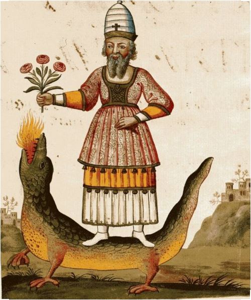 Illustration of (a somewhat Christian?) Zoroaster riding the back of a dragon. Zoroaster was associated with the arts of magic and astrology already in antiquity. This illustration is from the Clavis Artis , vol. 1, the Biblioteca dell’Accademia Nazionale dei Lincei, Roma. On the manuscript and its provenance, see the Italian wiki . Image source here .