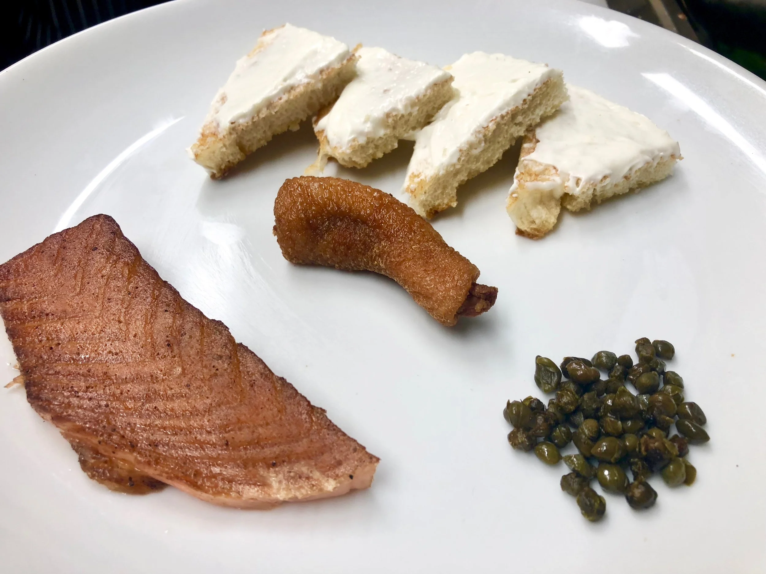 Smoked Salmon, Crispy Duck Skin, Fried Capers, Lemon Spread