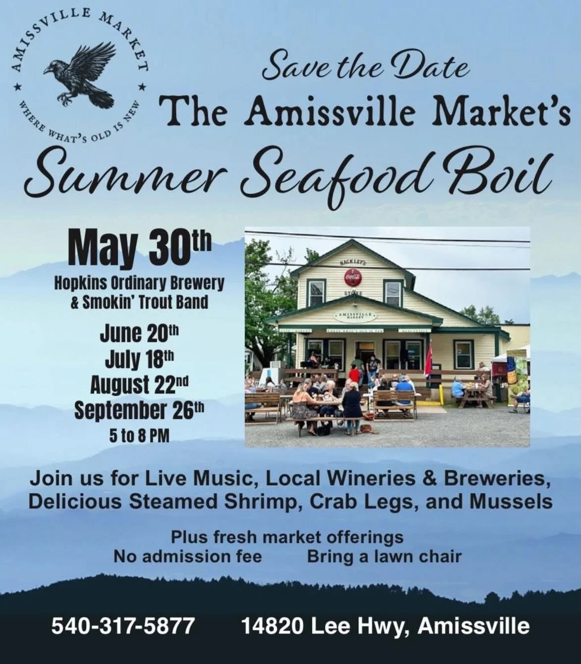 Join us this Saturday 5-8pm at @theamissvillemarket for their first seafood boil of the season! 🍤🦀🦪 We&lsquo;ll be serving our best brews to pair with your steamed shrimp, crab legs, and mussels, alongside live music from @smokin_trout! 🍺🎶