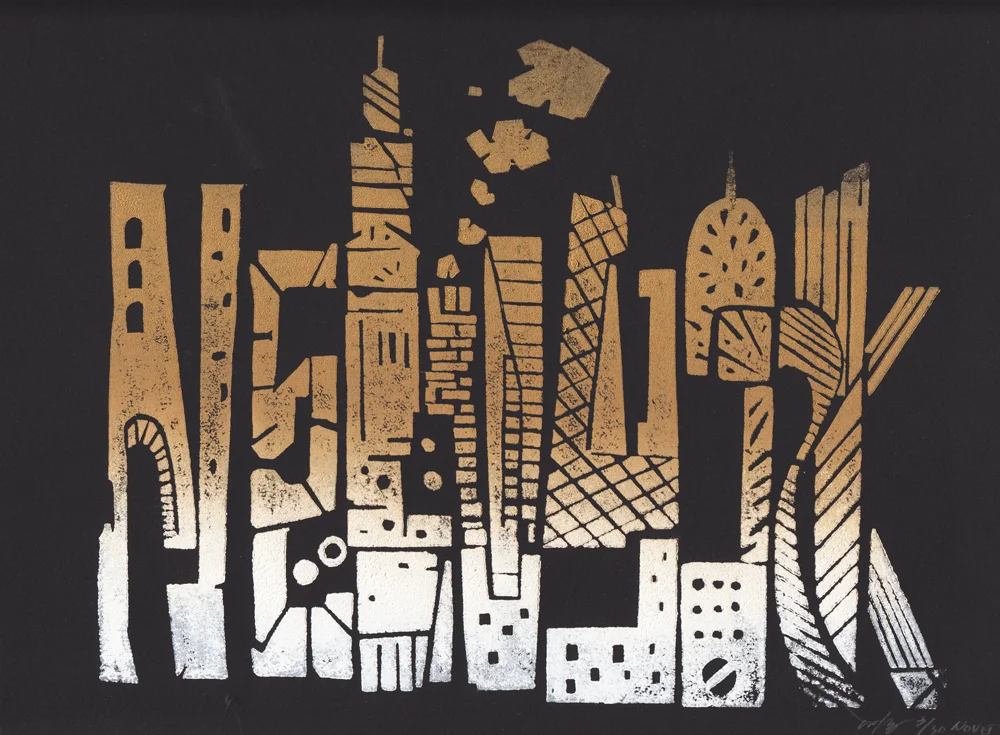 New York Skyline -Text and Tower Color block print