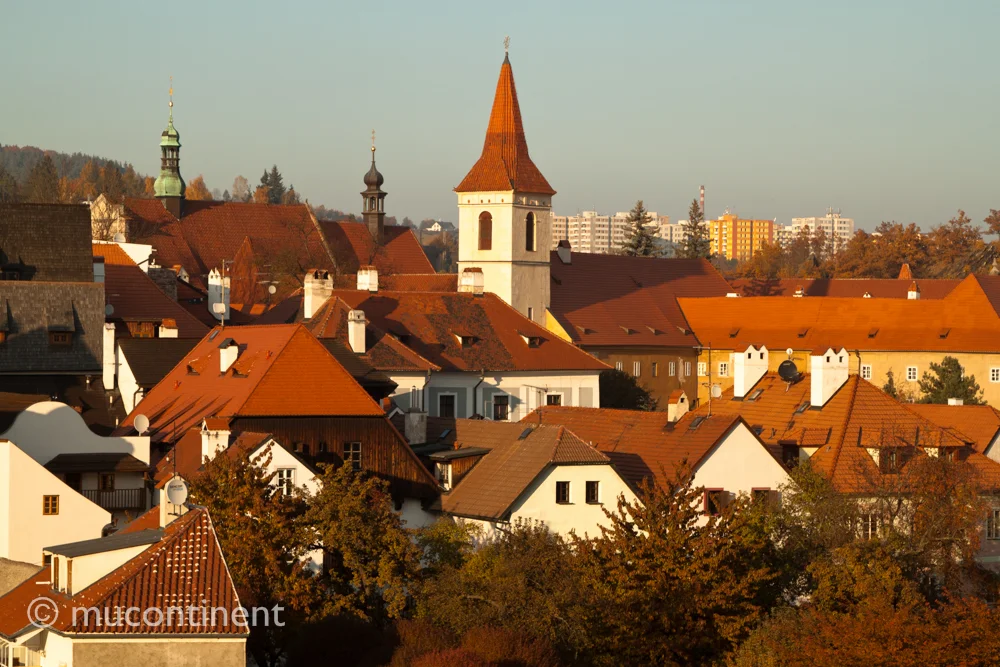 the red-orange roof tile is overly saturated under the autumn sun.