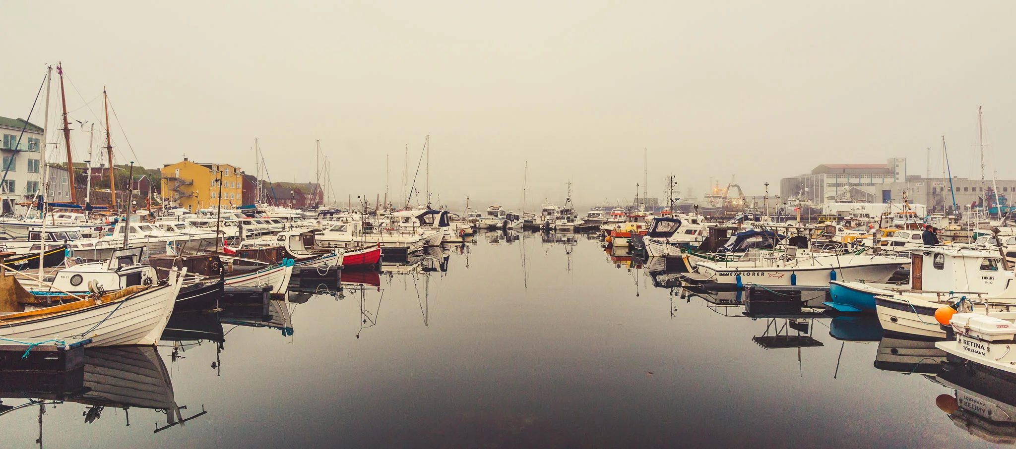 Torshavn Port in thick fog.