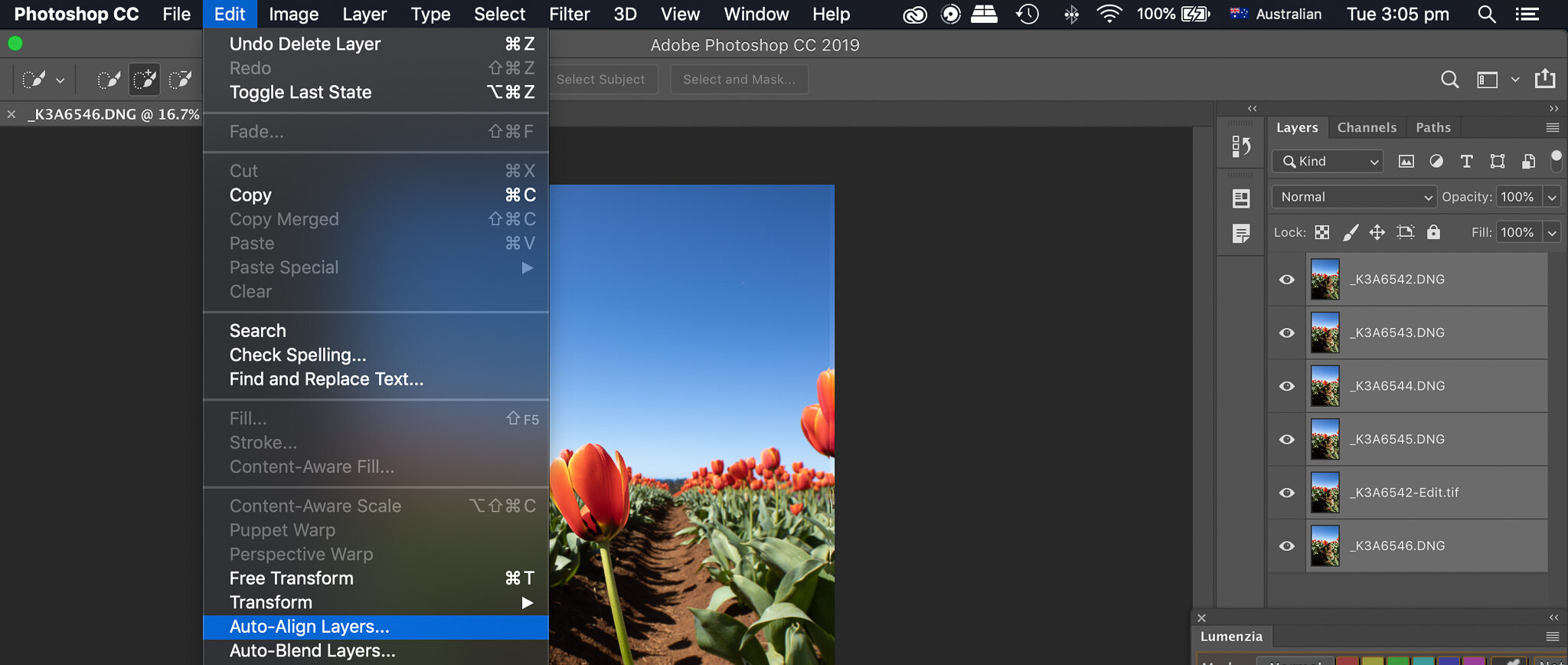 Edit > Auto Align Layers in Photoshop