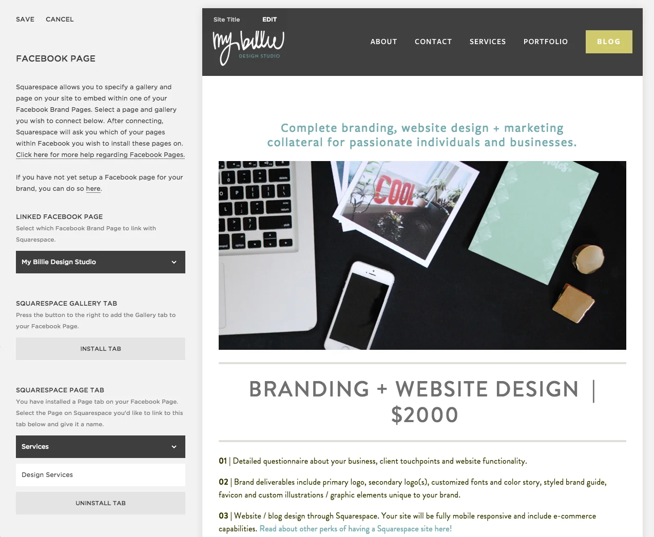 Configure on Squarespace: select the Facebook page you want to link up to, then select the Squarespace page you want to feature. You can even customize the tab title if you want!