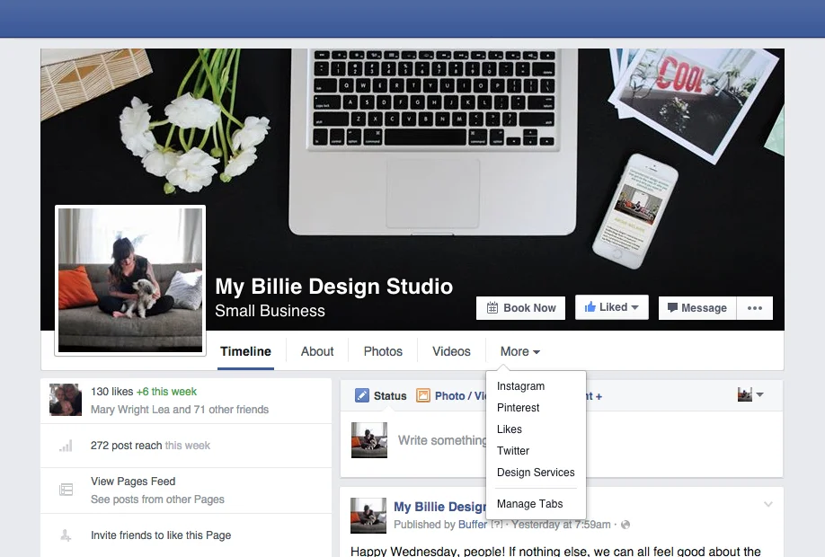 Then configure on Facebook: use the "manage tabs" tool to reorder your tabs so that your new Squarespace tab is featured at the top!