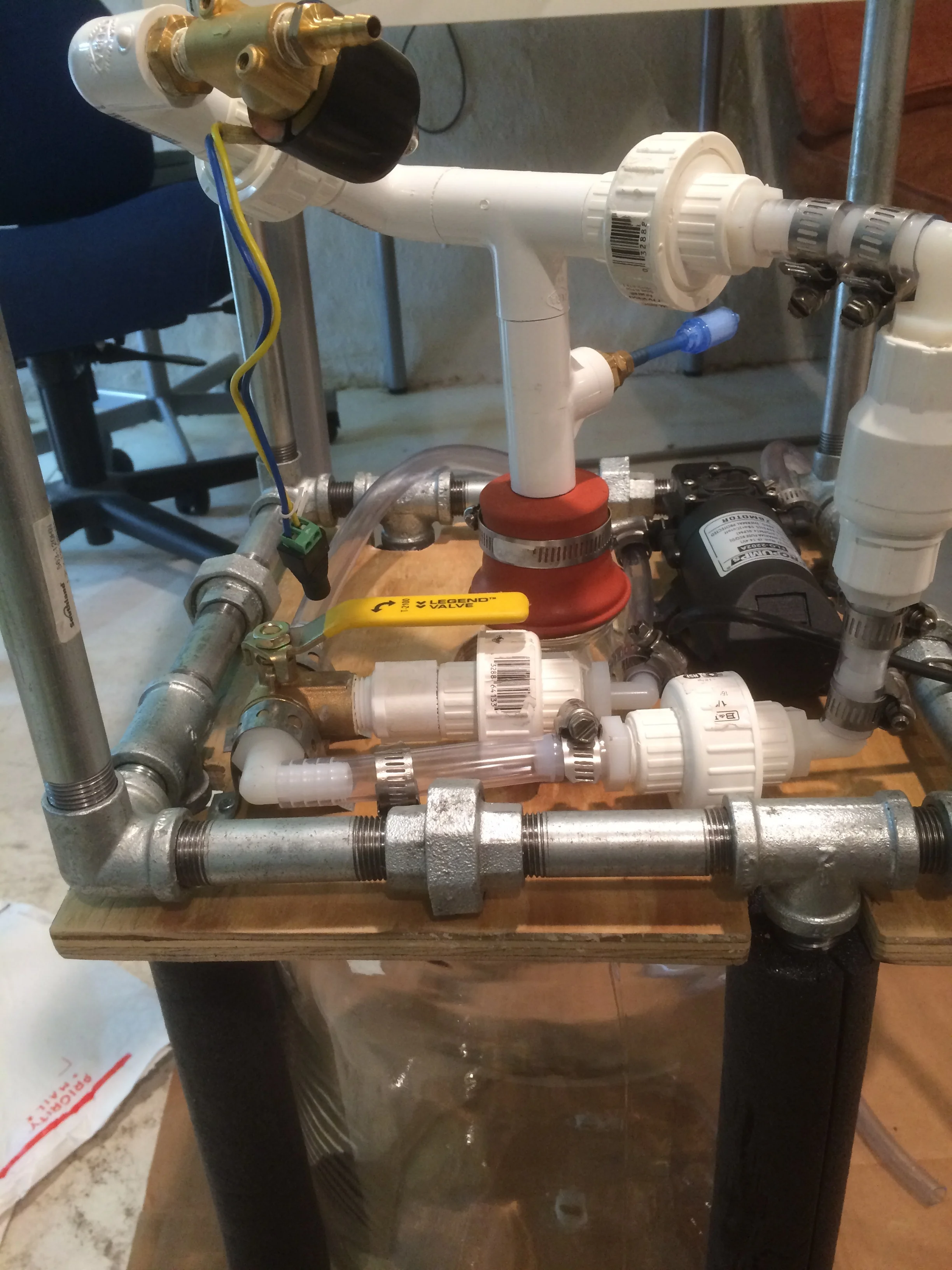 The components are all off-the-shelf plumbing fittings. I chose a diaphragm pump to circulate the liquids because they are self-priming and less-detrimental to microbial populations when compared to the shear-forces generated in centrifugal pumps. 3…