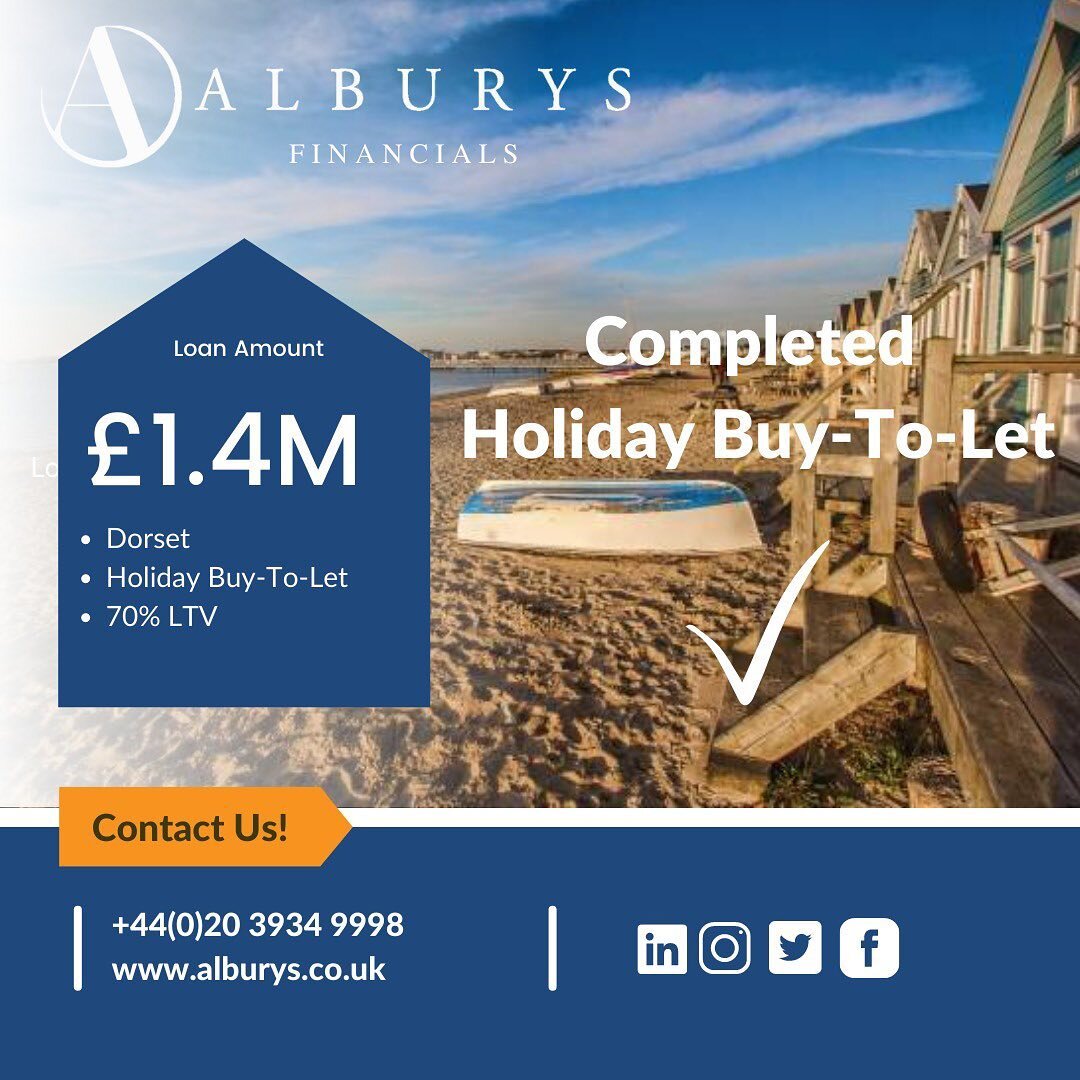 Alburys Financials Ltd has just completed a complex holiday rental buy-to-let loan in Dorset for one of our property professional clients.

- Holiday Buy to Let
- LTV 70%
- Loan Amount &pound;1,400,000

Special thanks to Imogen Williams and Jemma Vaj