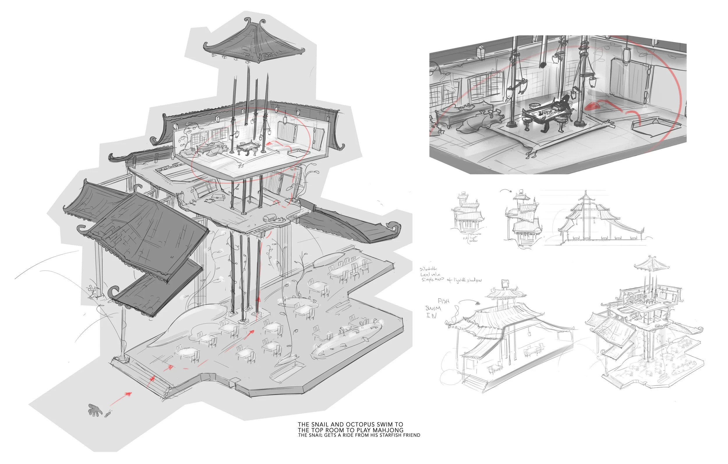 A schematic drawing of a story building. The octopus and the snail in the bottom right corner are the characters. The octopus is part of the underwater mafia and is bringing the snail to the top of the building to play mahjong. Self Critique: Make section lines thicker