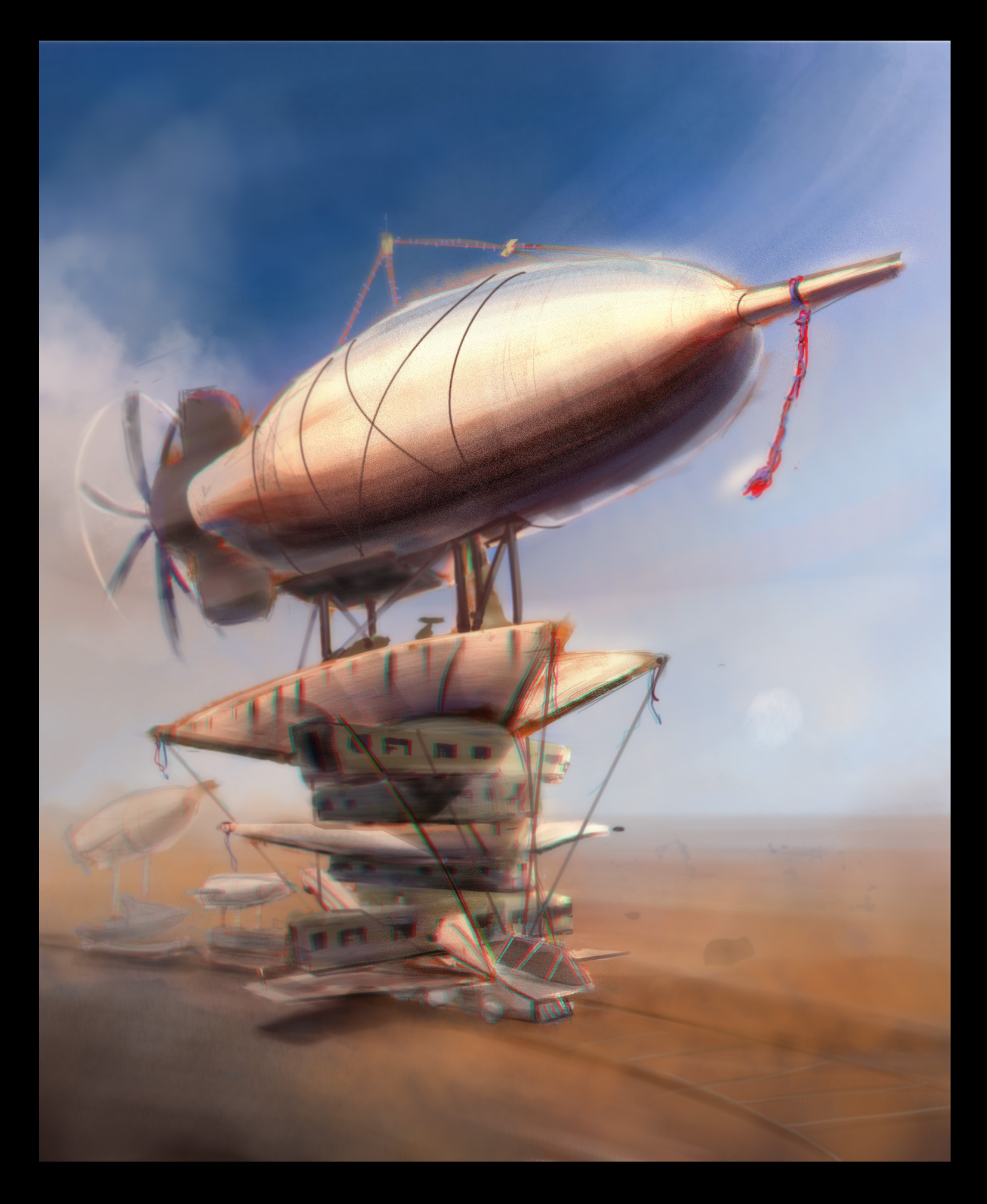 A train blimp moves through the desert. Self Critique: Graphically clean up some elements. Many things left unclear.